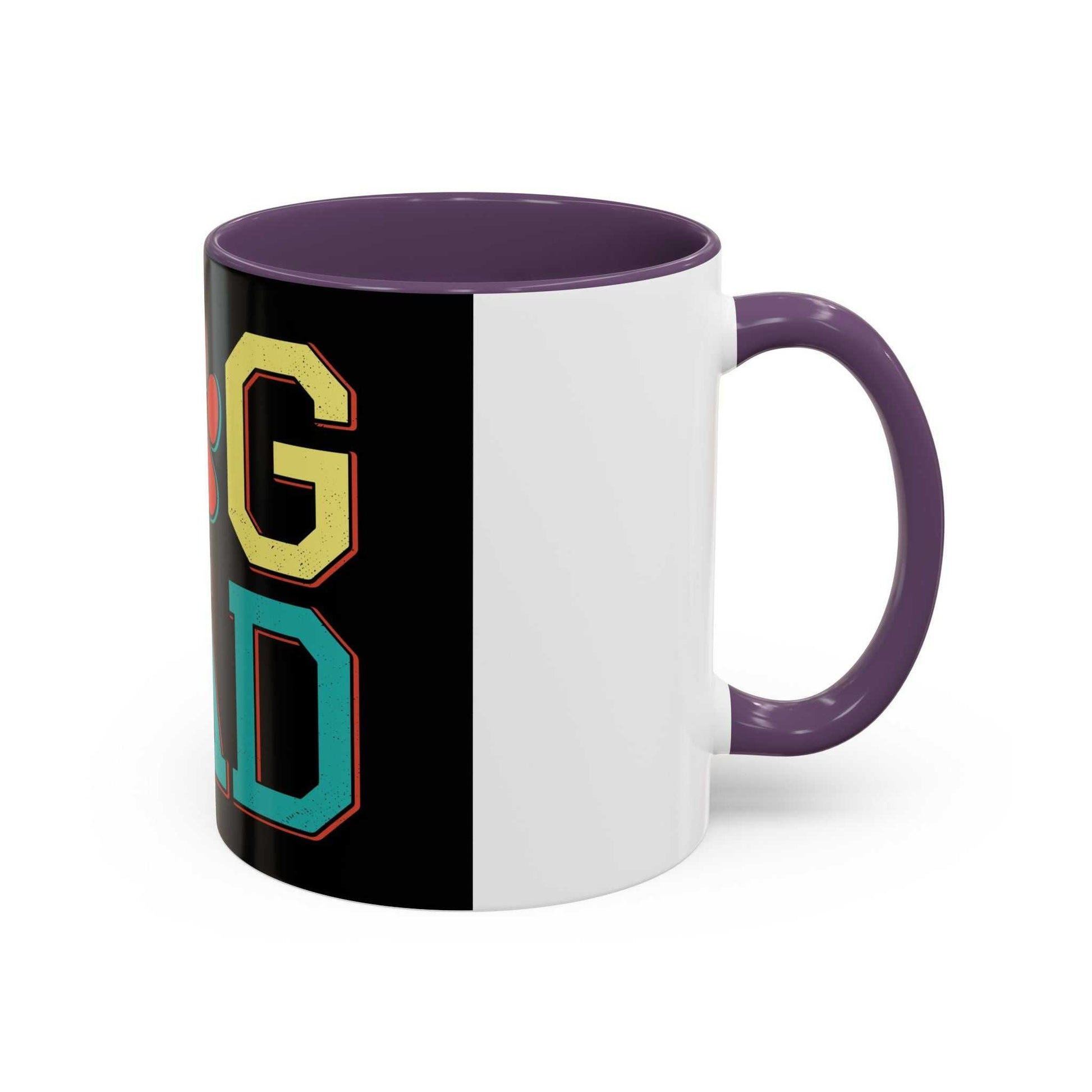 Accent Coffee Mug 11 15oz with "dog Dad" design, purple interior, and handle.