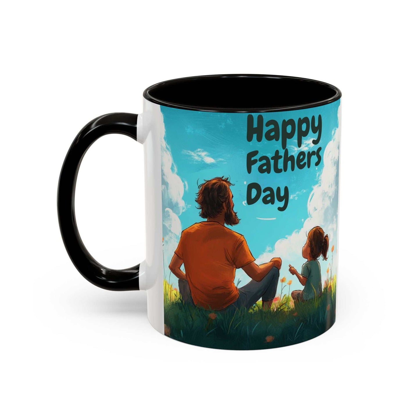 Colorful mugs with Father's Day design, 11oz or 15oz, glossy ceramic with black handle and interior.