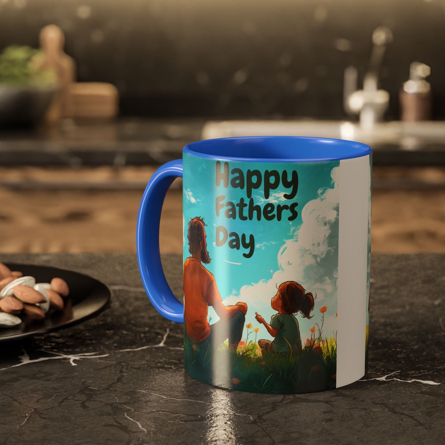 Colorful ceramic mugs with blue accents, featuring high-fidelity artwork and "Happy Fathers Day" print, available in 11oz and 15oz sizes.