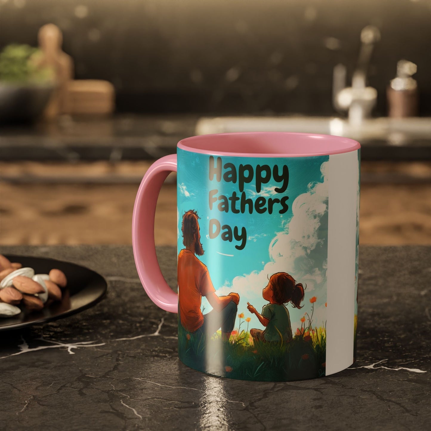 Colorful Father's Day mug with artwork and pink handle.