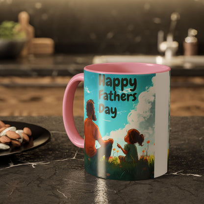 Colorful Father's Day mug with artwork and pink handle.