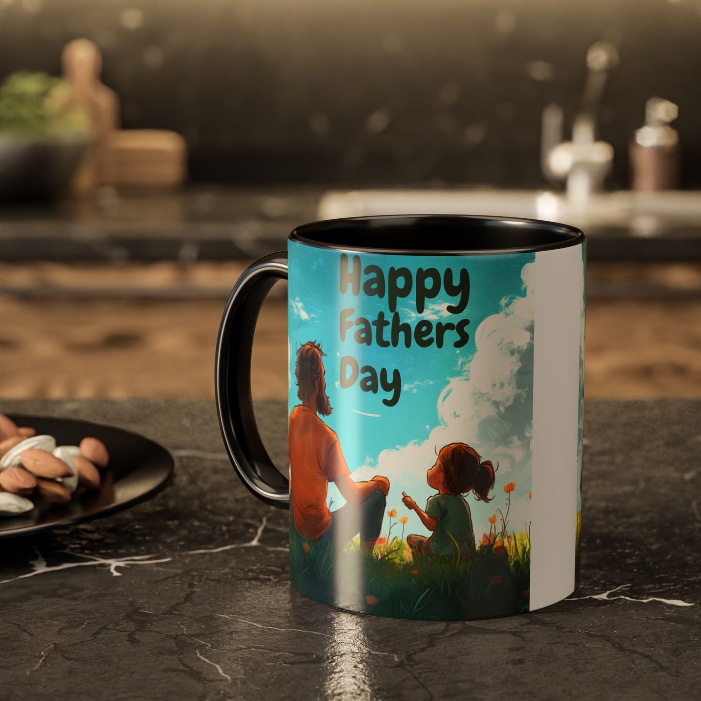 Colorful ceramic mug with "Happy Fathers Day" design, black handle, 11oz or 15oz size.
