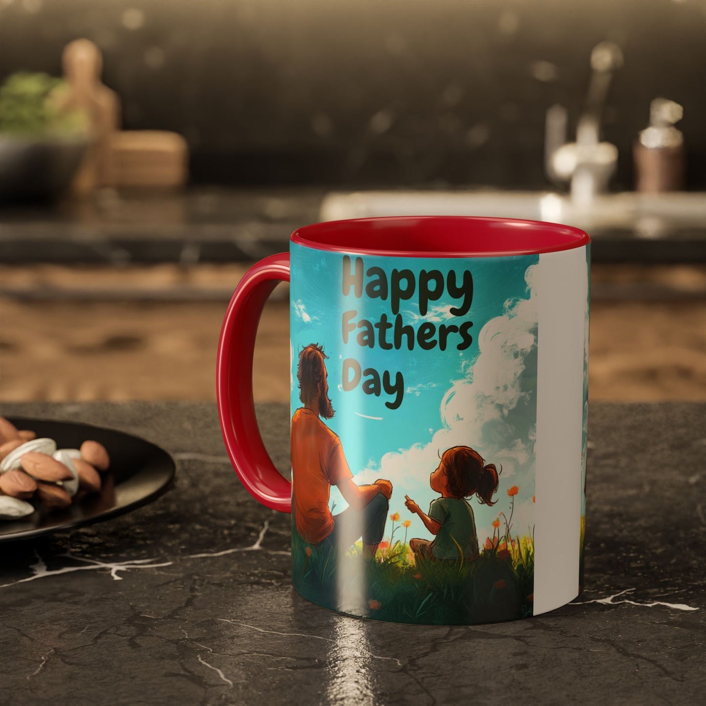 Colorful mug with Father's Day artwork, red handle and interior, glossy ceramic finish.