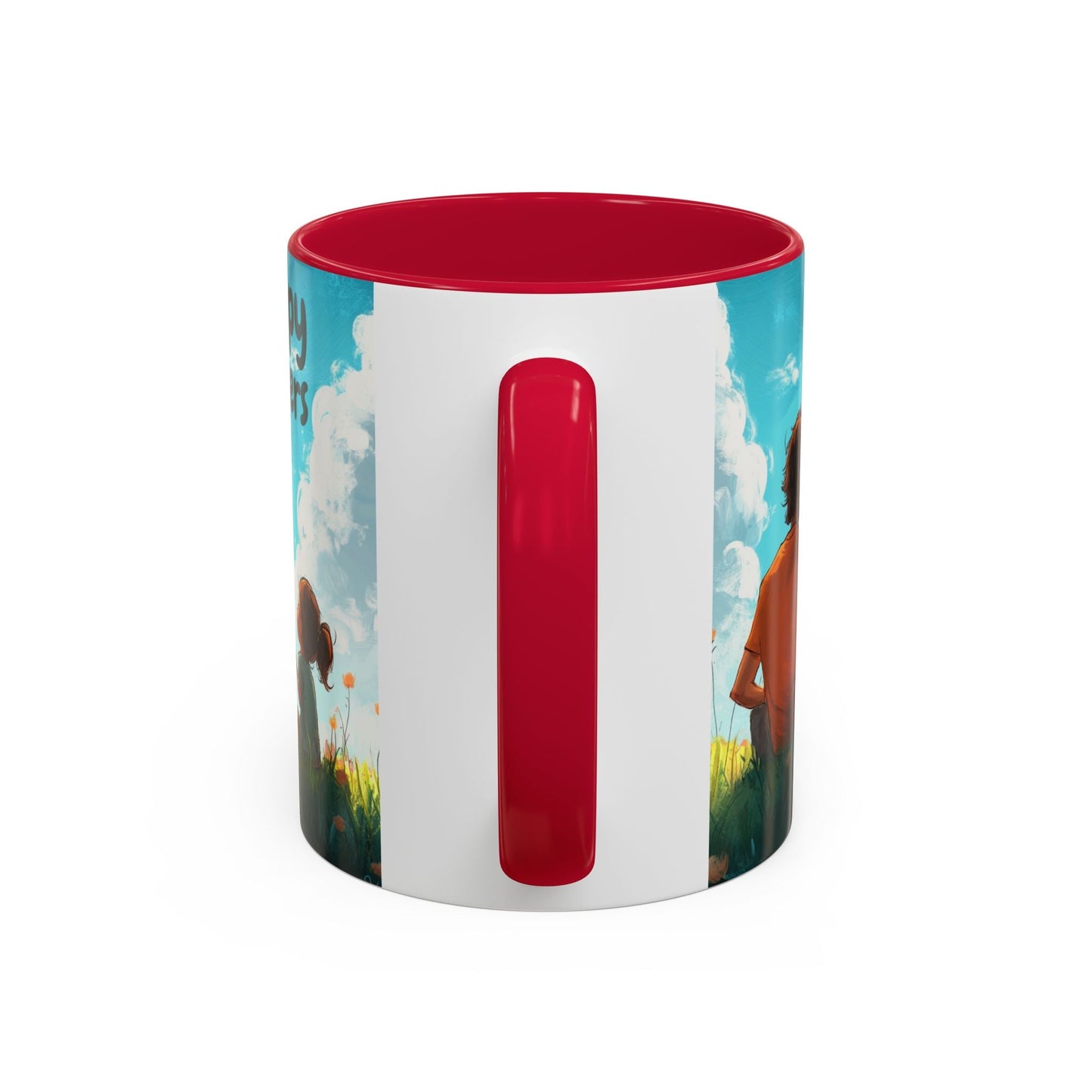 Colorful ceramic mug with red handle and interior, available in 11oz and 15oz sizes.