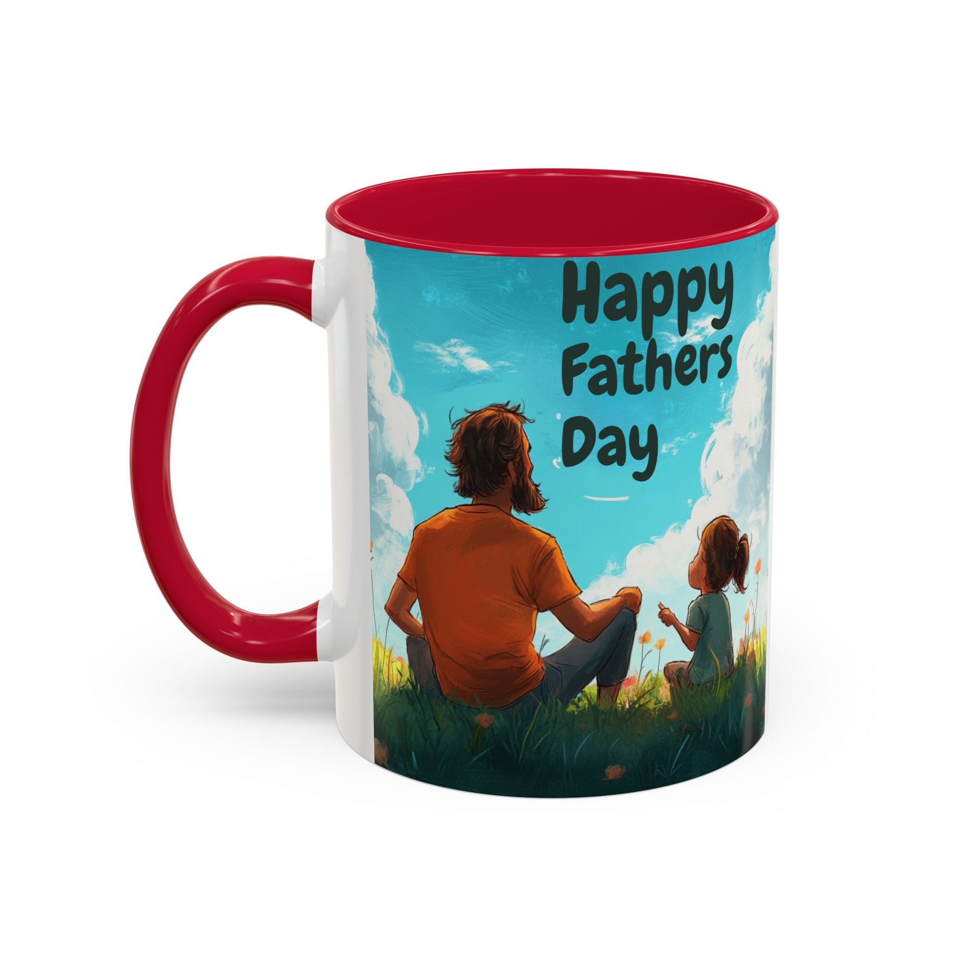 Colorful ceramic mug with "Happy Fathers Day" print, red handle and interior, glossy finish, available in 11oz or 15oz sizes.
