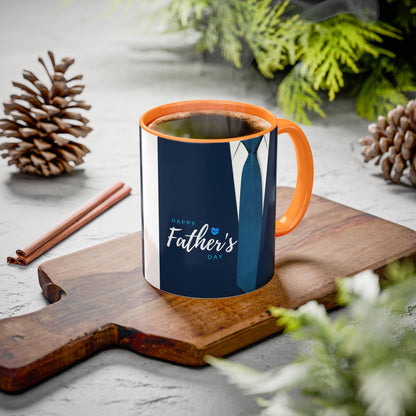Colorful ceramic mug with orange handle and interior, featuring a "Happy Father's Day" design, available in 11oz and 15oz sizes.