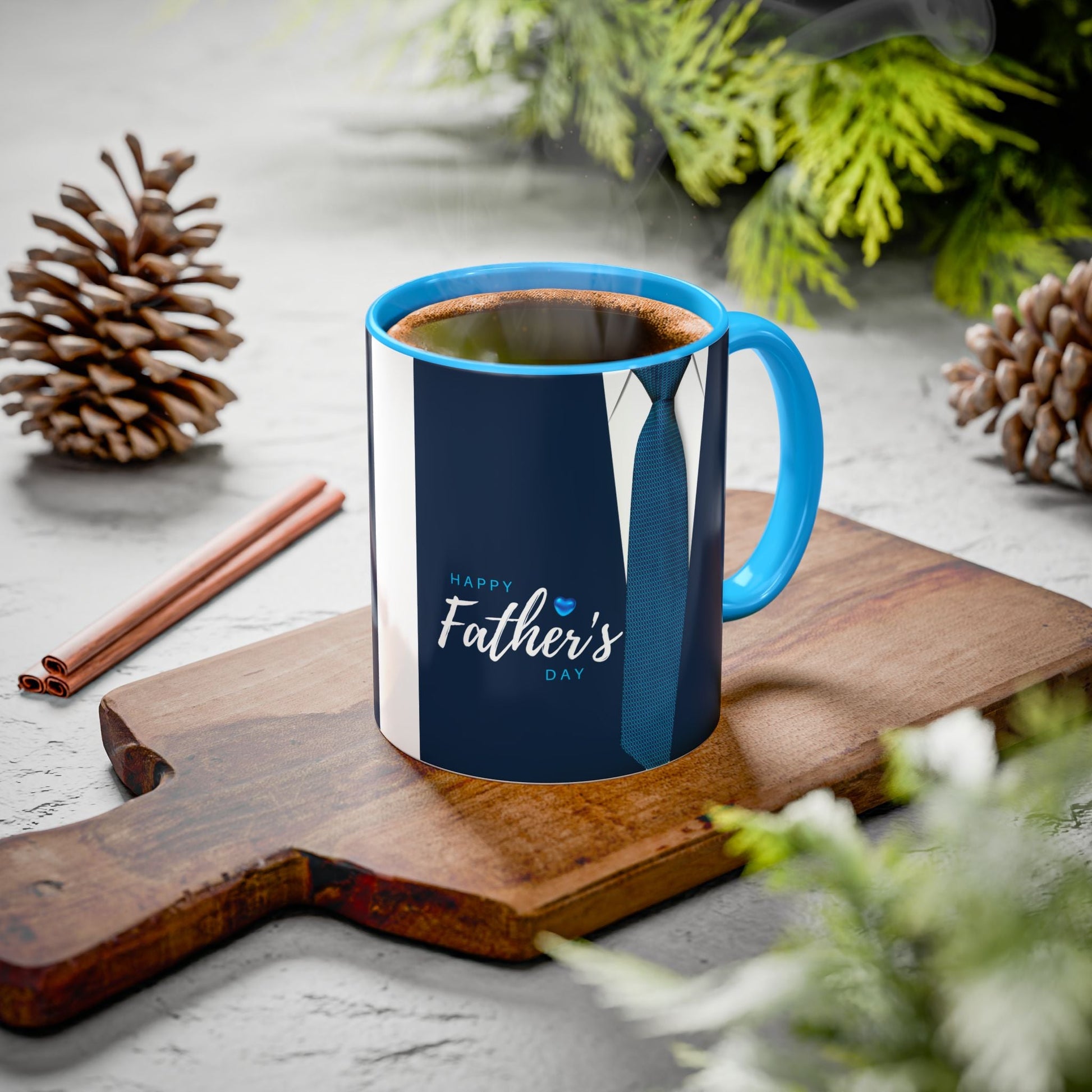 Colorful ceramic mug with glossy finish, blue handle, Father's Day design; available in 11oz or 15oz sizes.