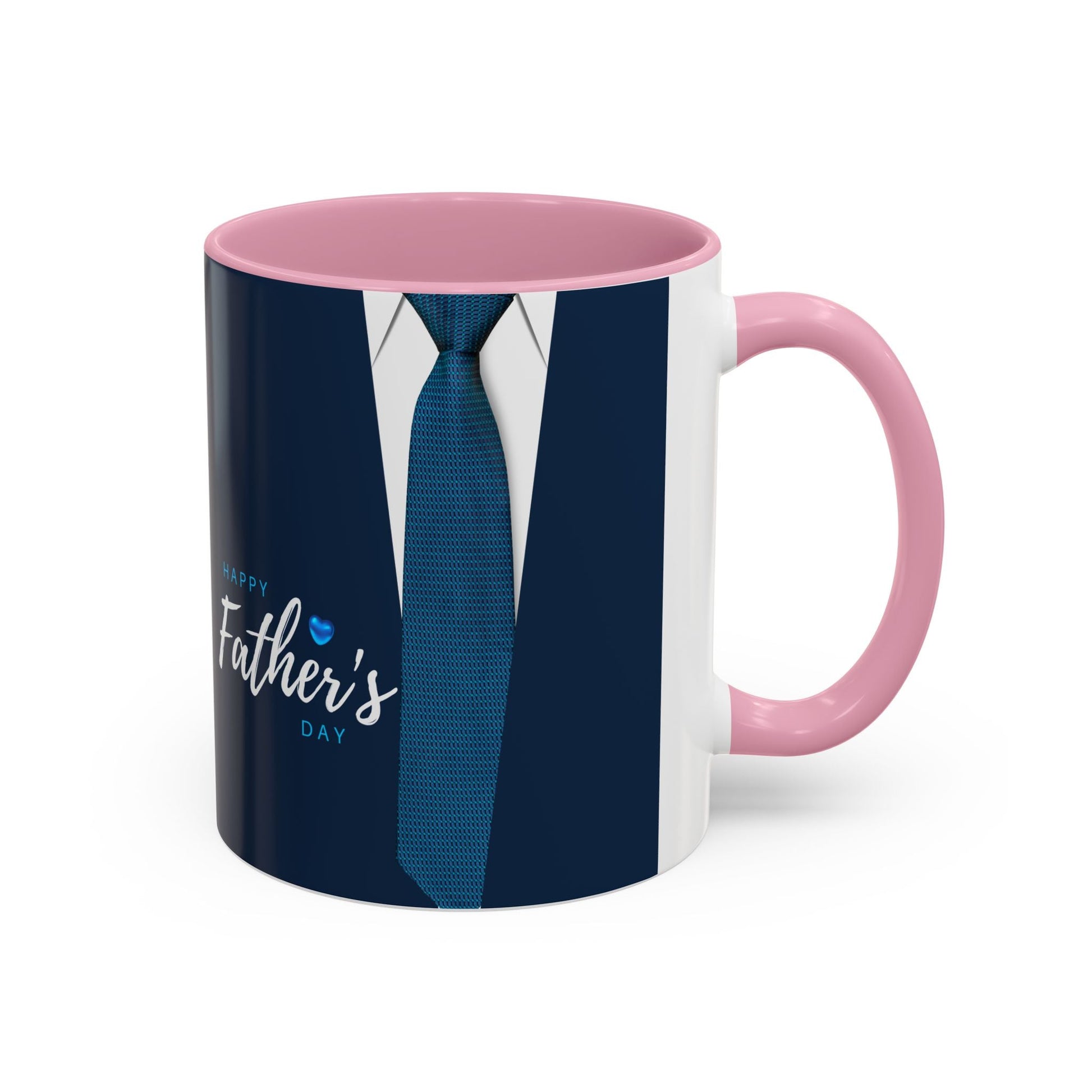 Colorful mug with pink handle and interior, featuring a Father's Day necktie design, available in 11oz and 15oz sizes.