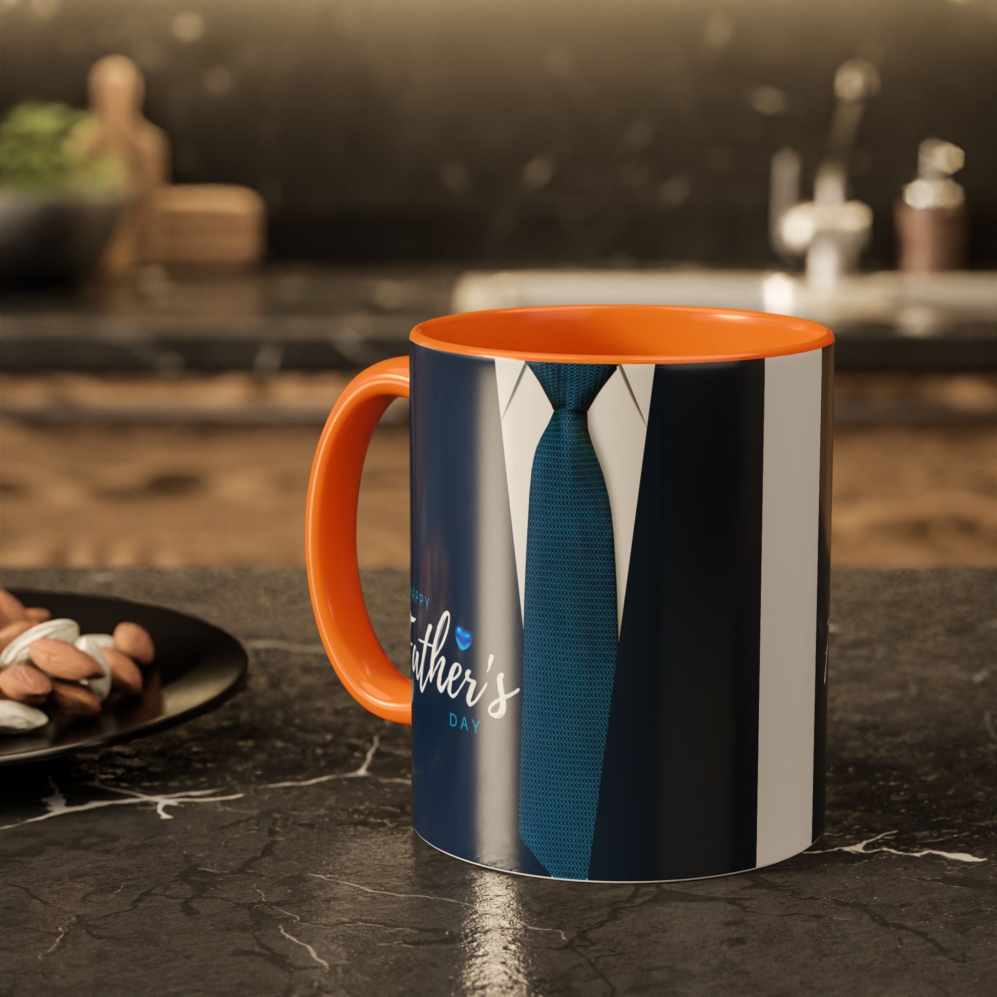 Colorful ceramic mug with orange handle and interior, featuring high-fidelity artwork; available in 11oz and 15oz sizes.