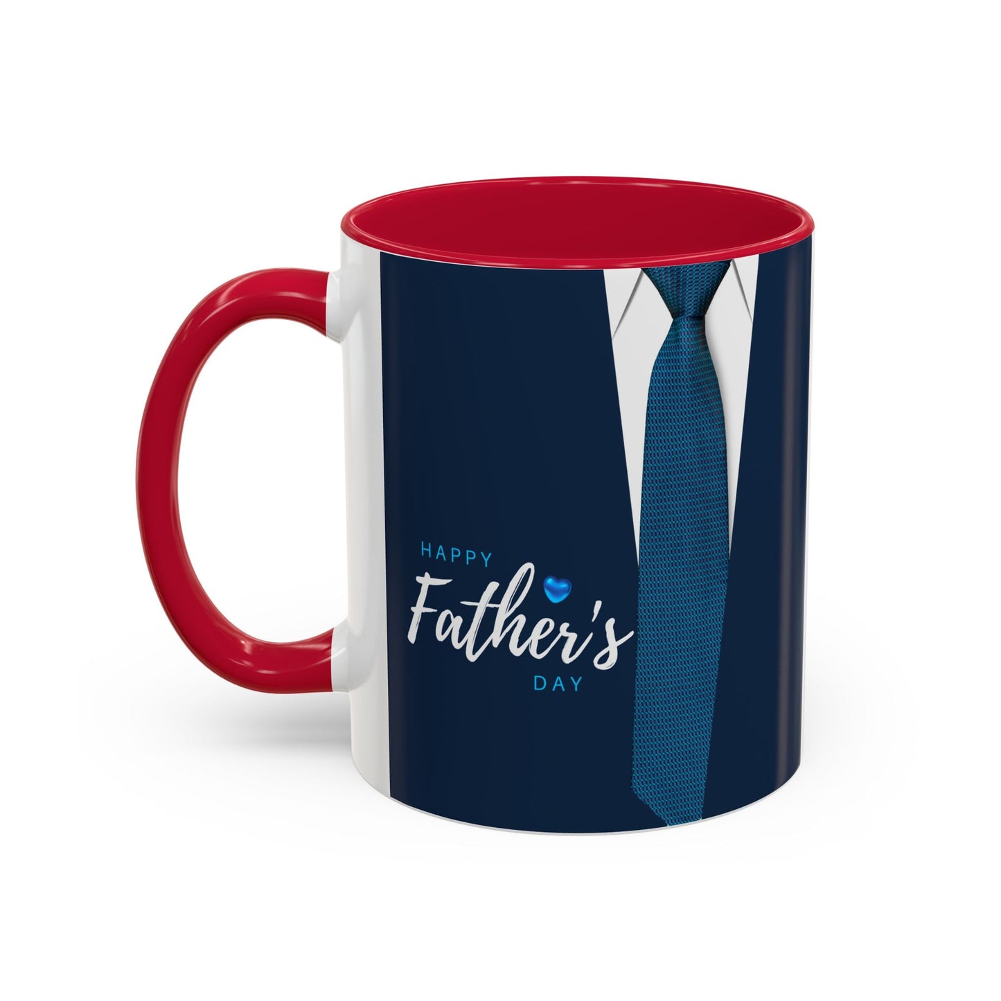 Colorful ceramic mug with red handle and interior, featuring Father's Day tie-themed artwork.