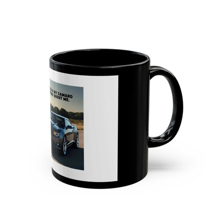 Camaro Lover's Black Mug with car design and text, sleek glossy ceramic finish.