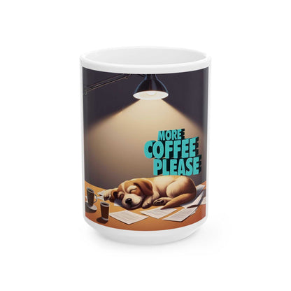 Cute dog coffee mug with "More Coffee Please" design, perfect gift for dog lovers.