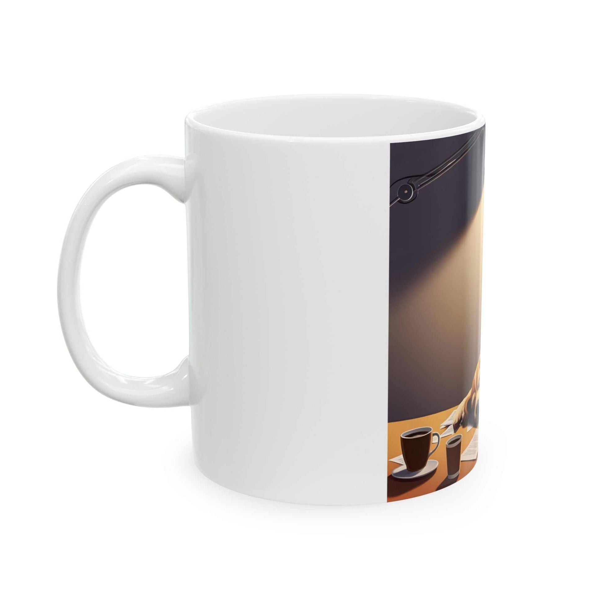 Cute Dog Coffee Mug with "More Coffee Please" design, perfect gift for dog lovers, featuring vibrant glossy ceramic and durable white material.
