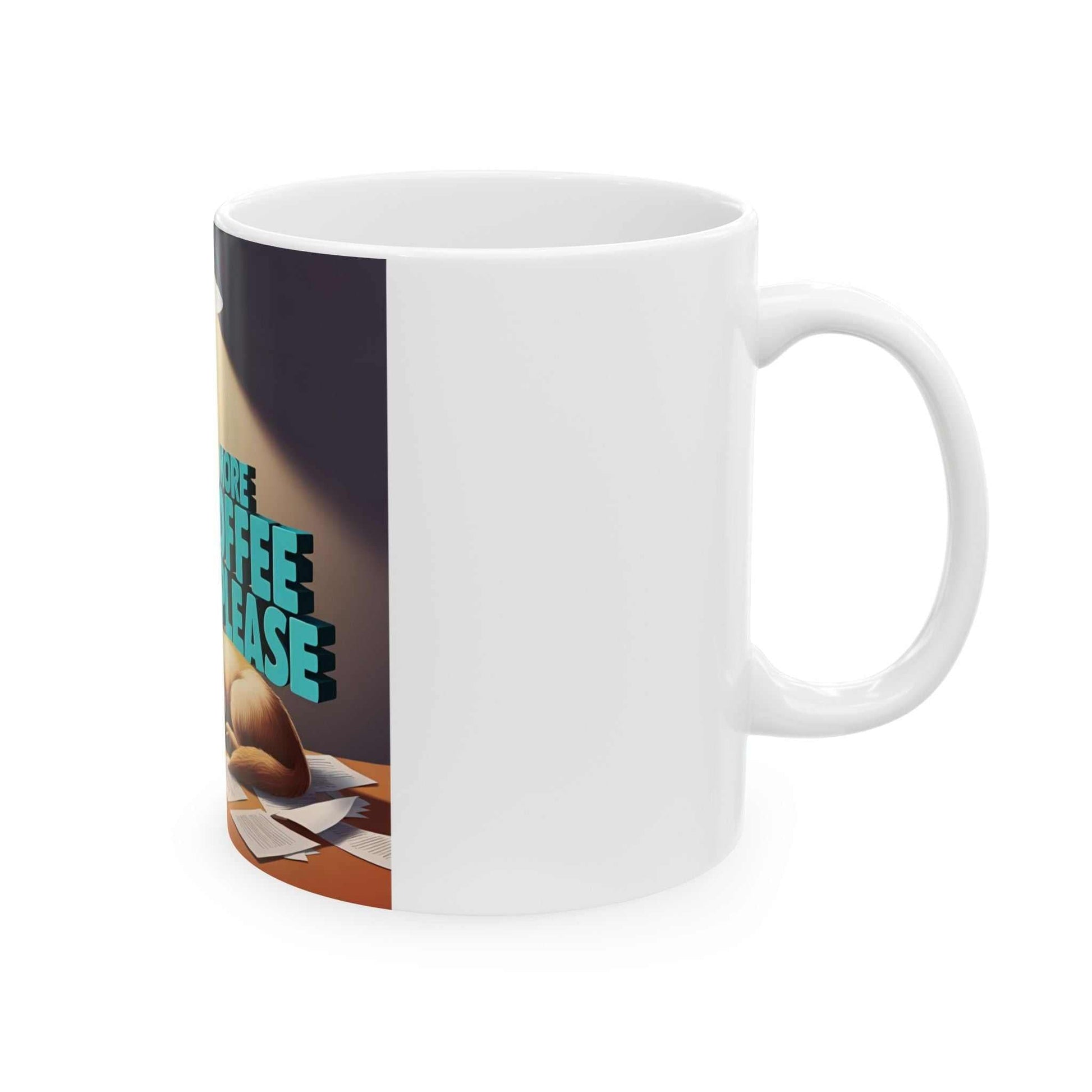 Cute Dog Coffee Mug featuring "More Coffee Please" text, perfect gift for dog lovers.