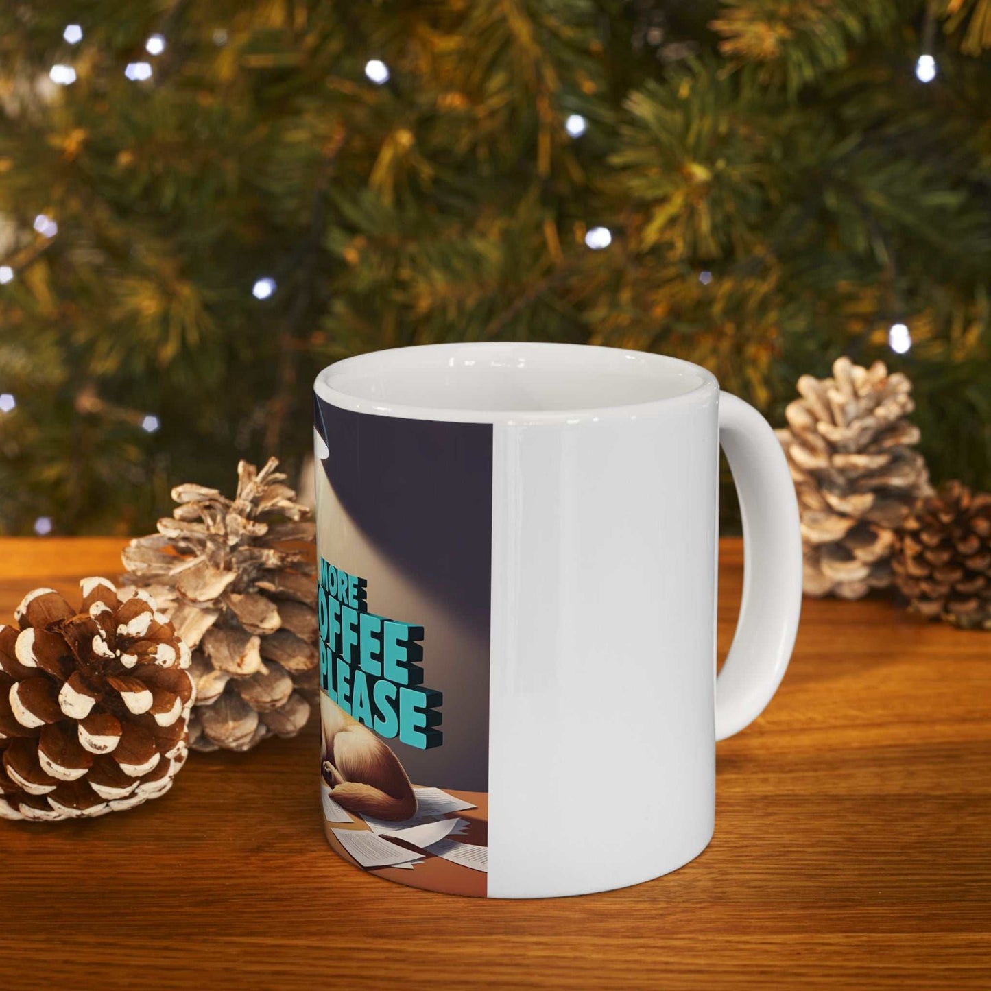 Cute Dog Coffee Mug with "More Coffee Please" design, perfect gift for dog lovers, glossy ceramic, vibrant colors.