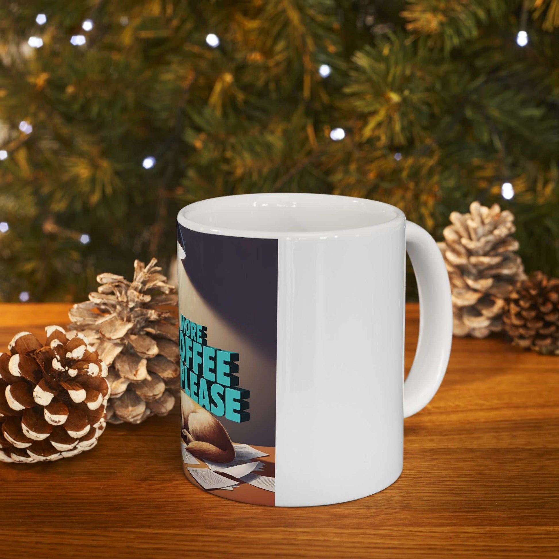 Cute Dog Coffee Mug with "More Coffee Please" design, perfect gift for dog lovers, glossy ceramic, vibrant colors.
