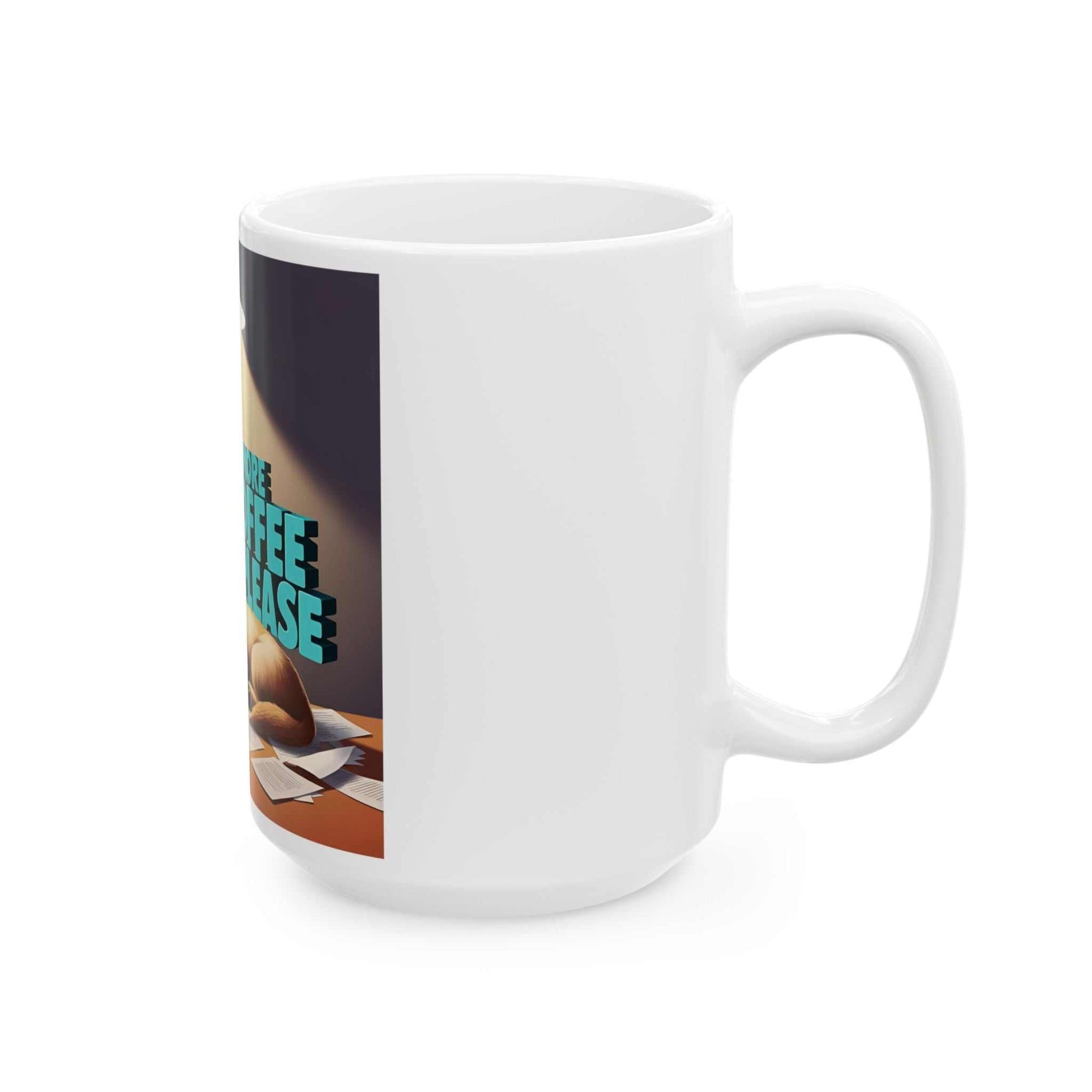 Cute dog coffee mug with "More Coffee Please" design, perfect gift for dog lovers, glossy ceramic.