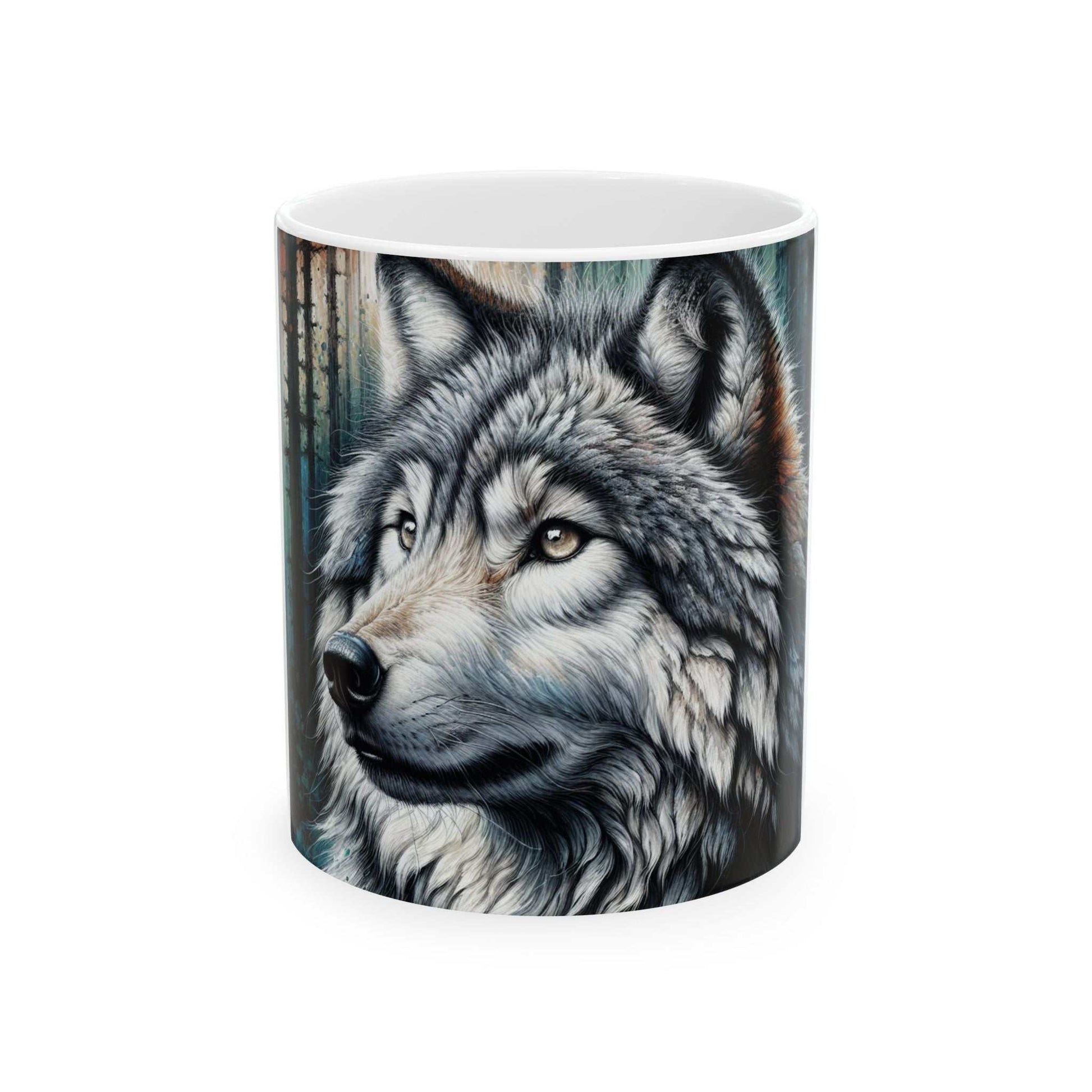 Majestic Wolf Ceramic Mug with vibrant wolf design, 11oz and 15oz sizes.