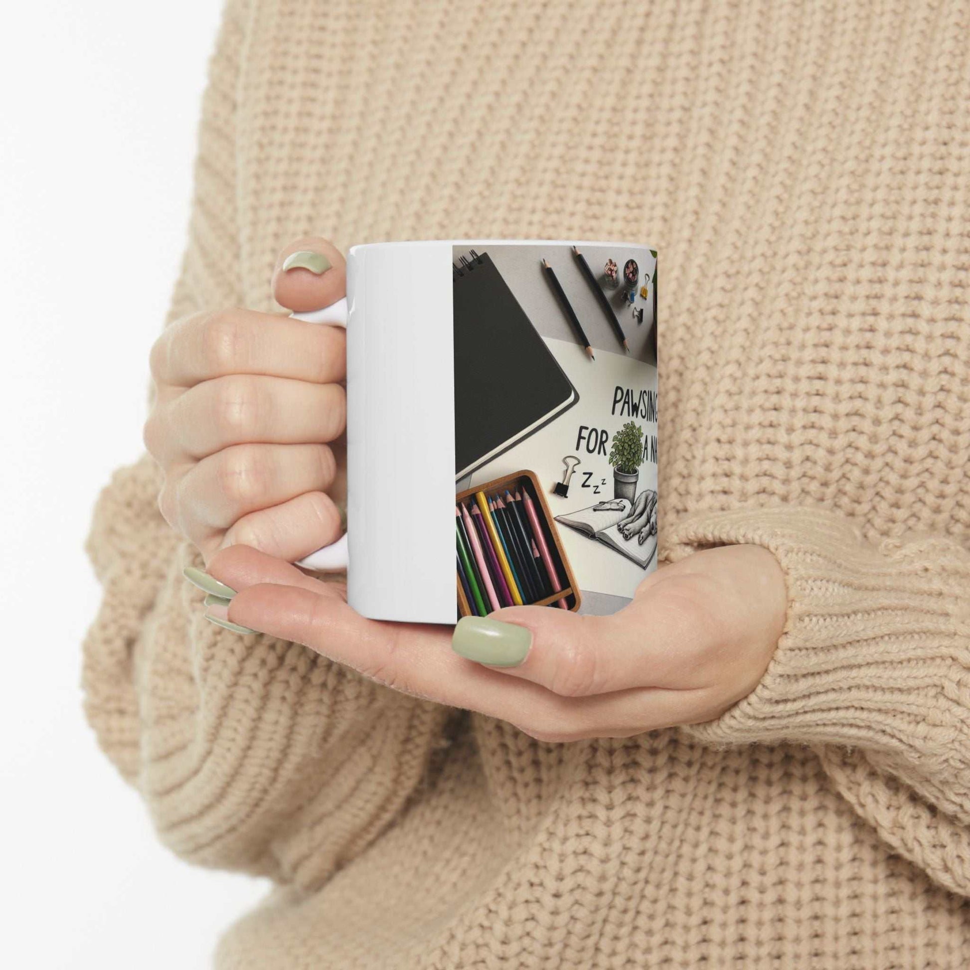 Paw-some Nap Ceramic Mug held in hands, glossy finish, vibrant colors, perfect gift for cat lovers.