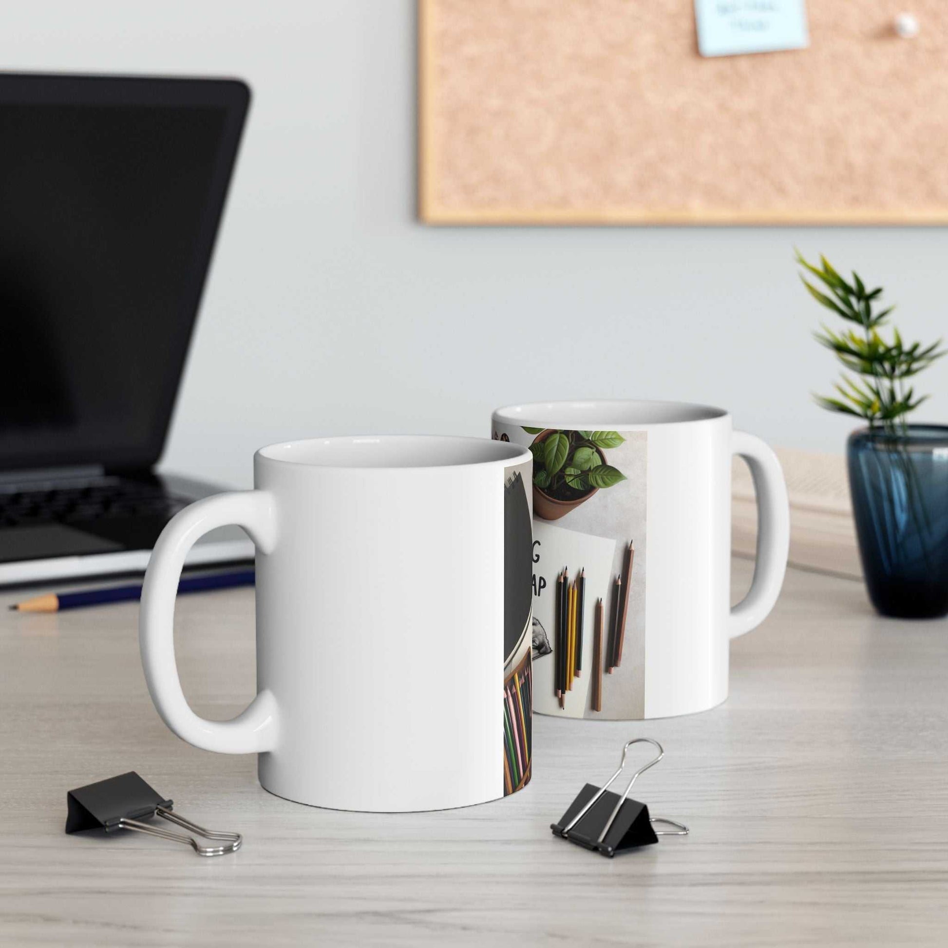 Paw-some Nap Ceramic Mug on office desk showcasing vibrant design, ideal gift for cat lovers.