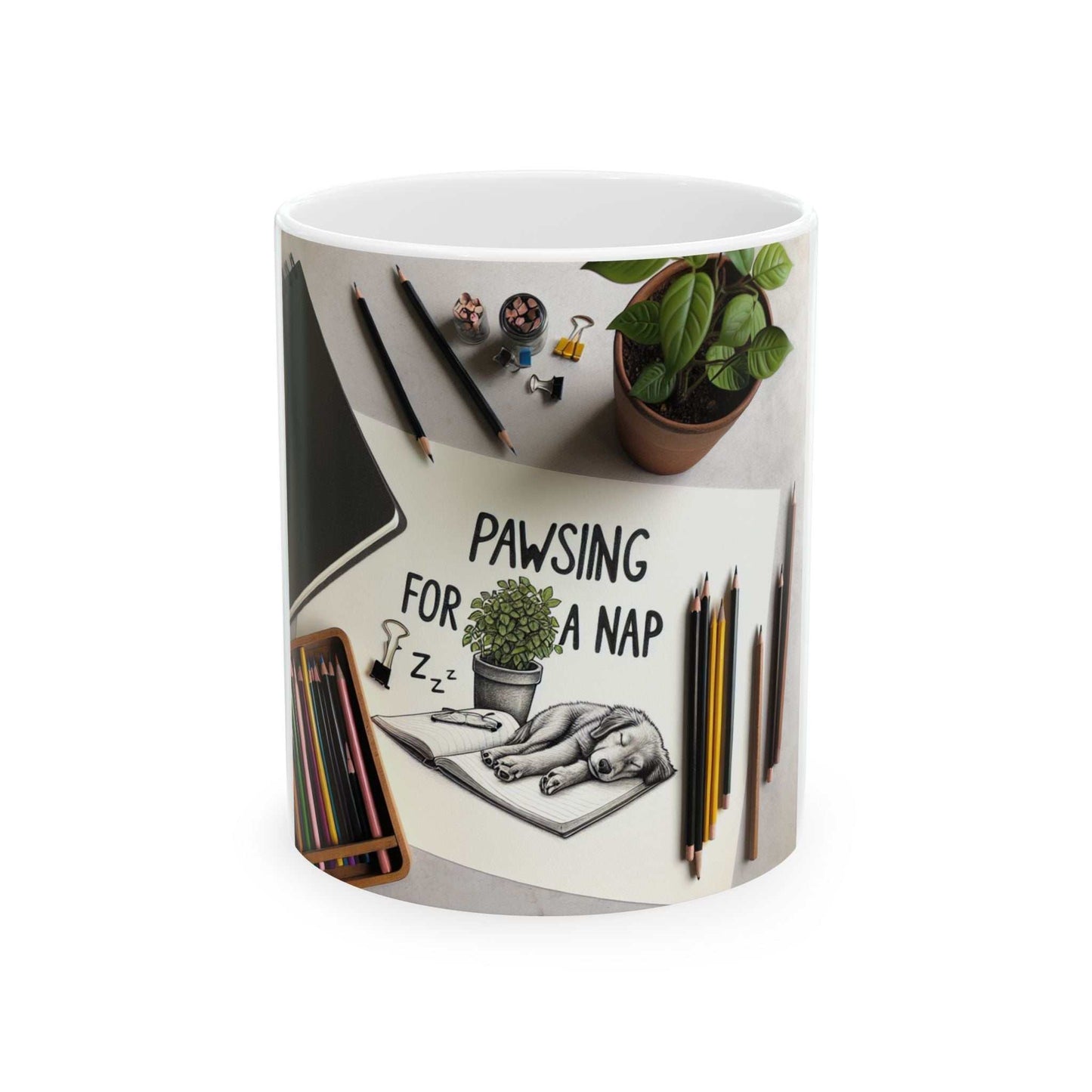 Cute ceramic mug for animal lovers with 'Pawsing for a Nap' design, perfect gift for cat owners.