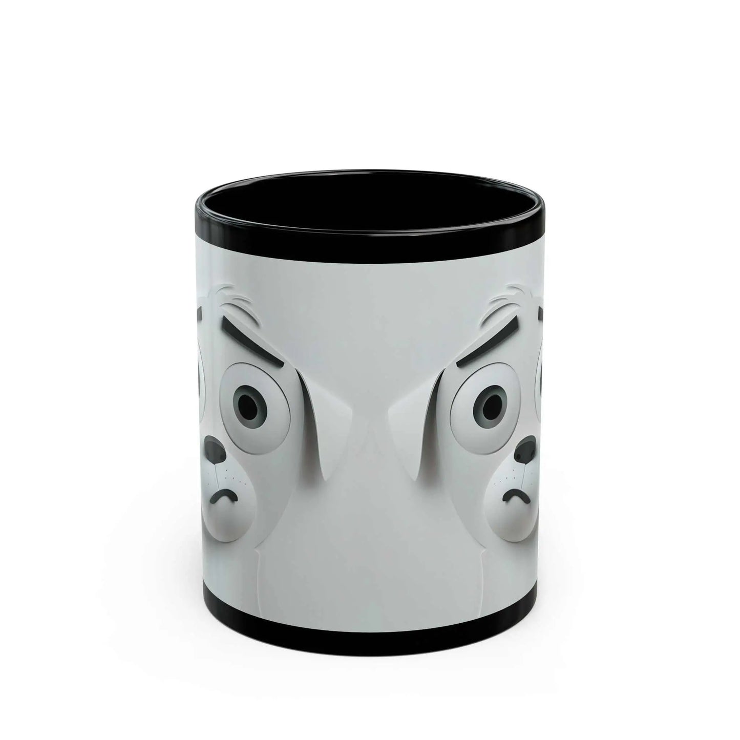3D mug with sarcastic dog face design in sleek black ceramic.