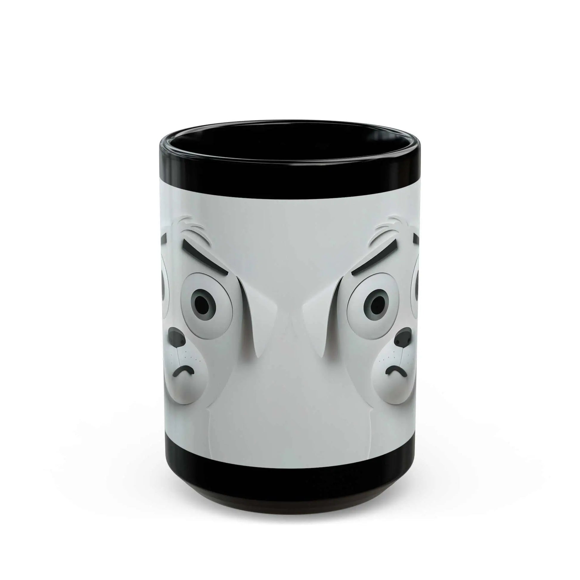 Sarcastic Dog Face 3D Mug with black ceramic design and humorous canine expression.