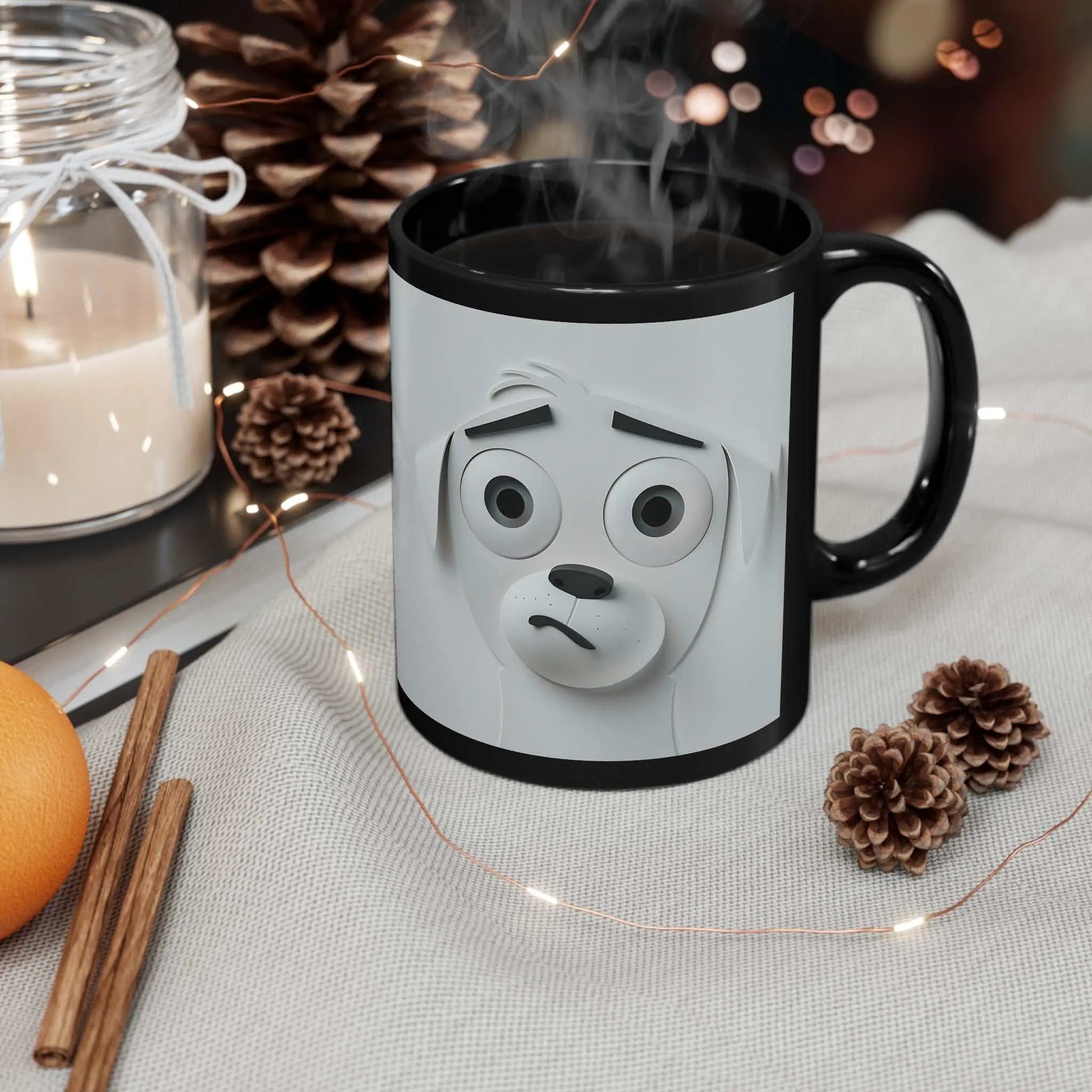 Sarcastic Dog Face 3D Mug with humorous dog expression, high-quality ceramic, black design.