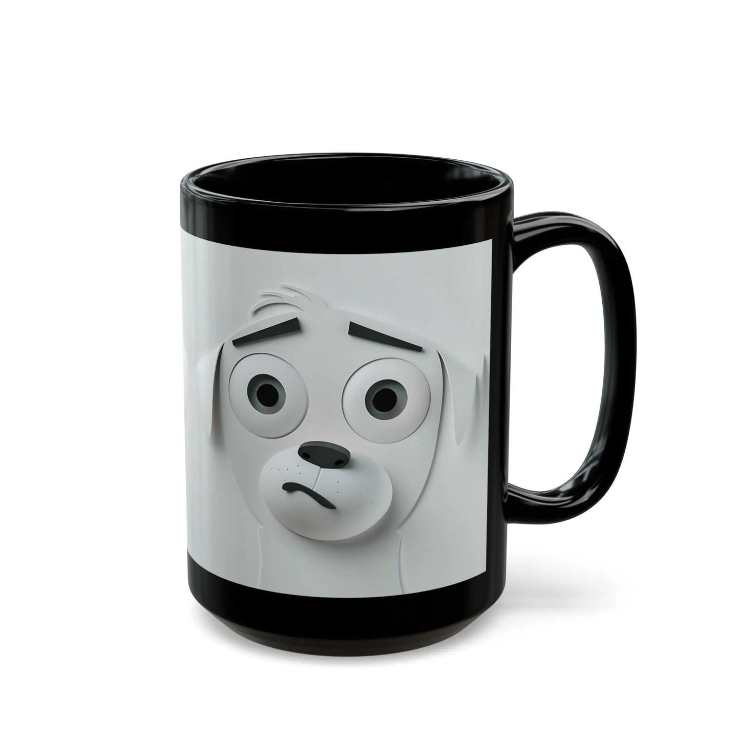 3D mug with a sarcastic dog face printed on black ceramic.