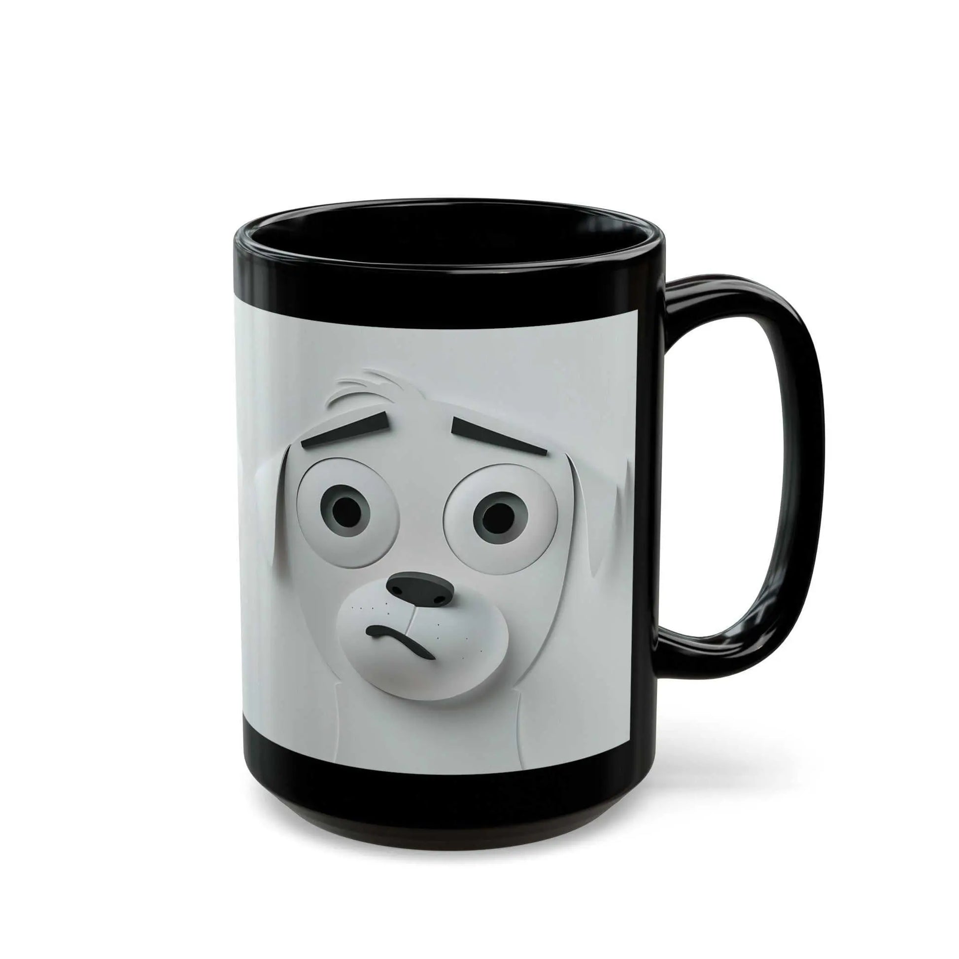3D mug with a sarcastic dog face printed on black ceramic.
