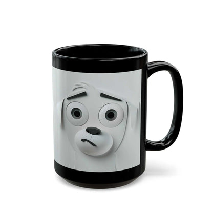 3D mug with a sarcastic dog face printed on black ceramic.