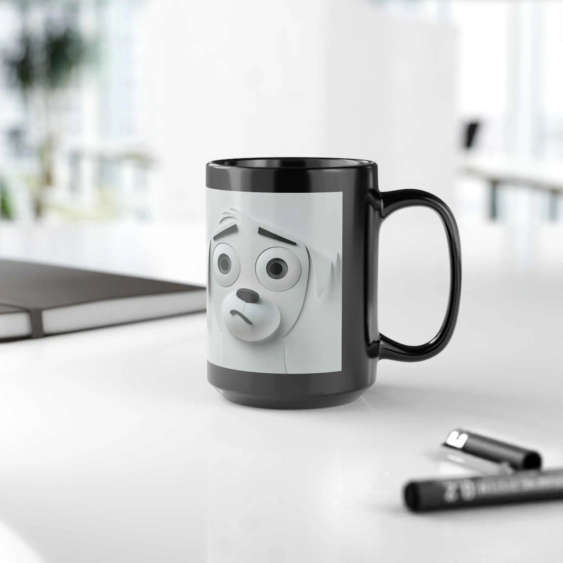 Sarcastic Dog Face 3D Mug with lifelike dog expression, high-quality ceramic, black design.