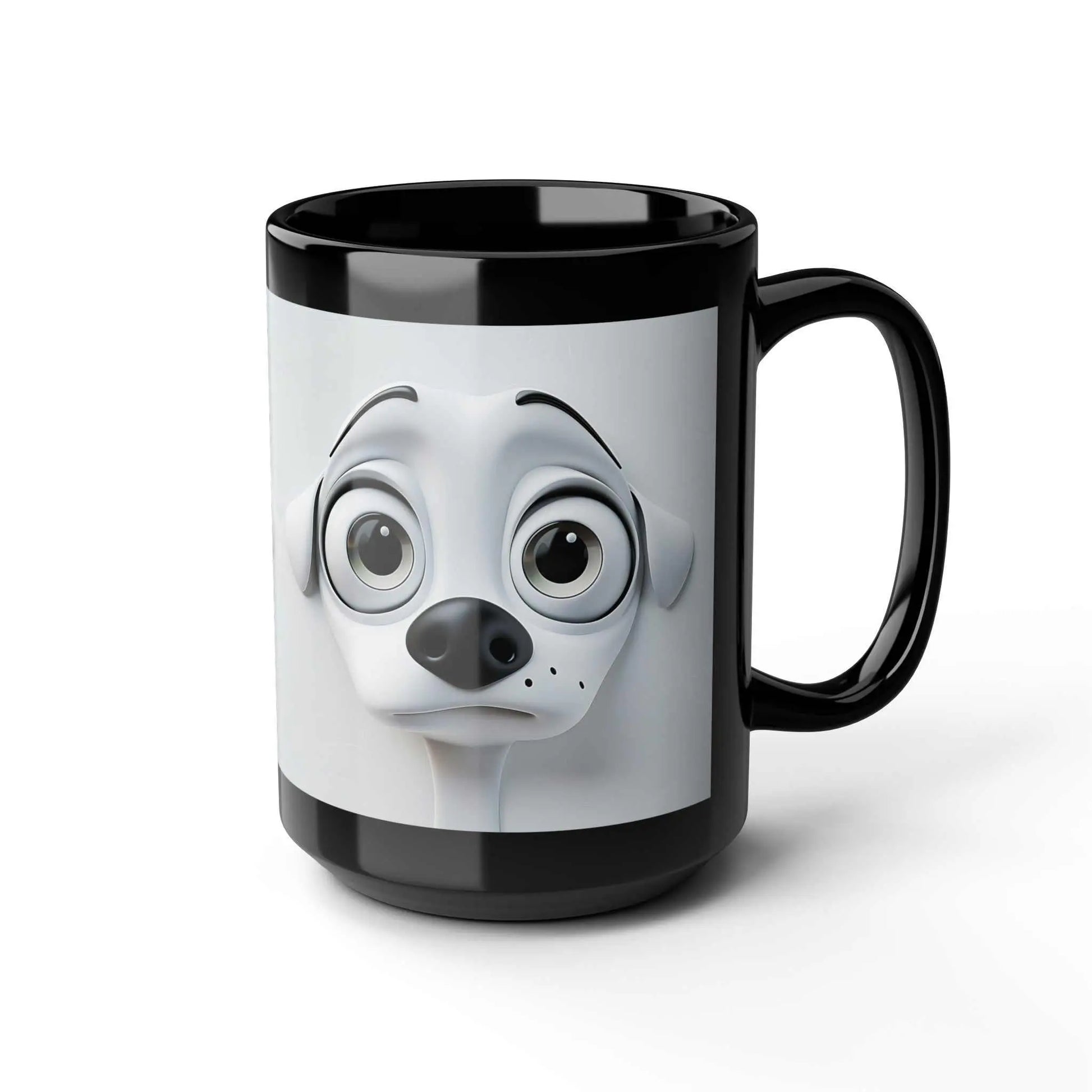 Sarcastic Dog Face 3D Mug with lifelike canine print on black ceramic.