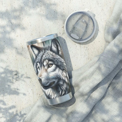 Vagabond Wolf 20oz Tumbler with vibrant wolf design, insulated mug for adventurers.