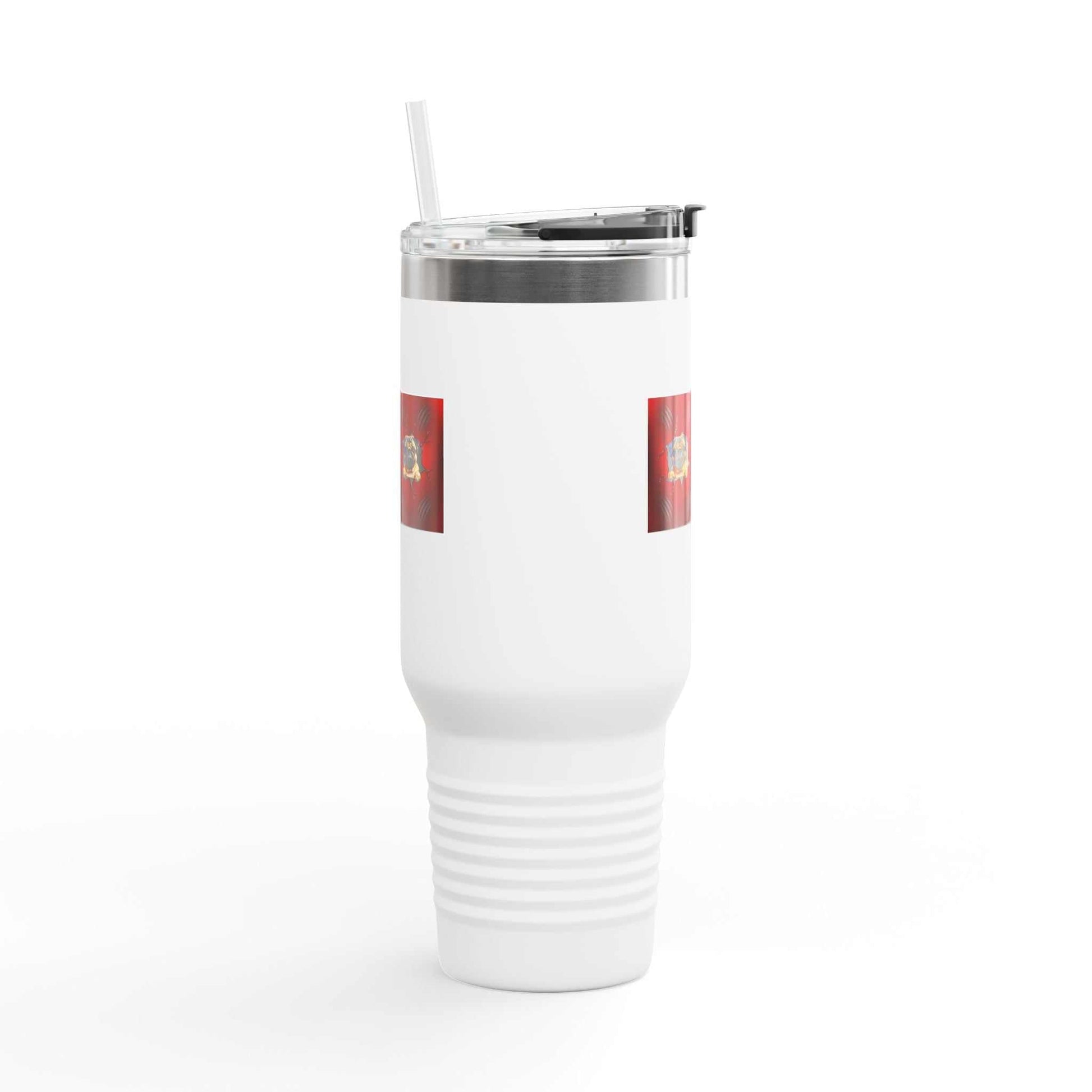 Insulated travel mug 40 oz with straw, stainless steel, white finish.