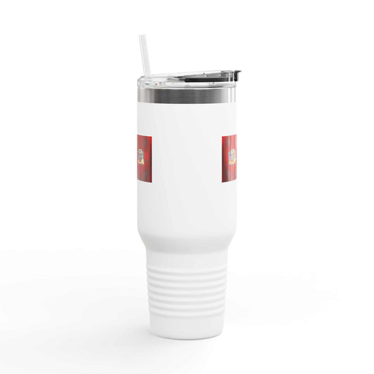 Insulated travel mug 40 oz with straw, stainless steel, white finish.