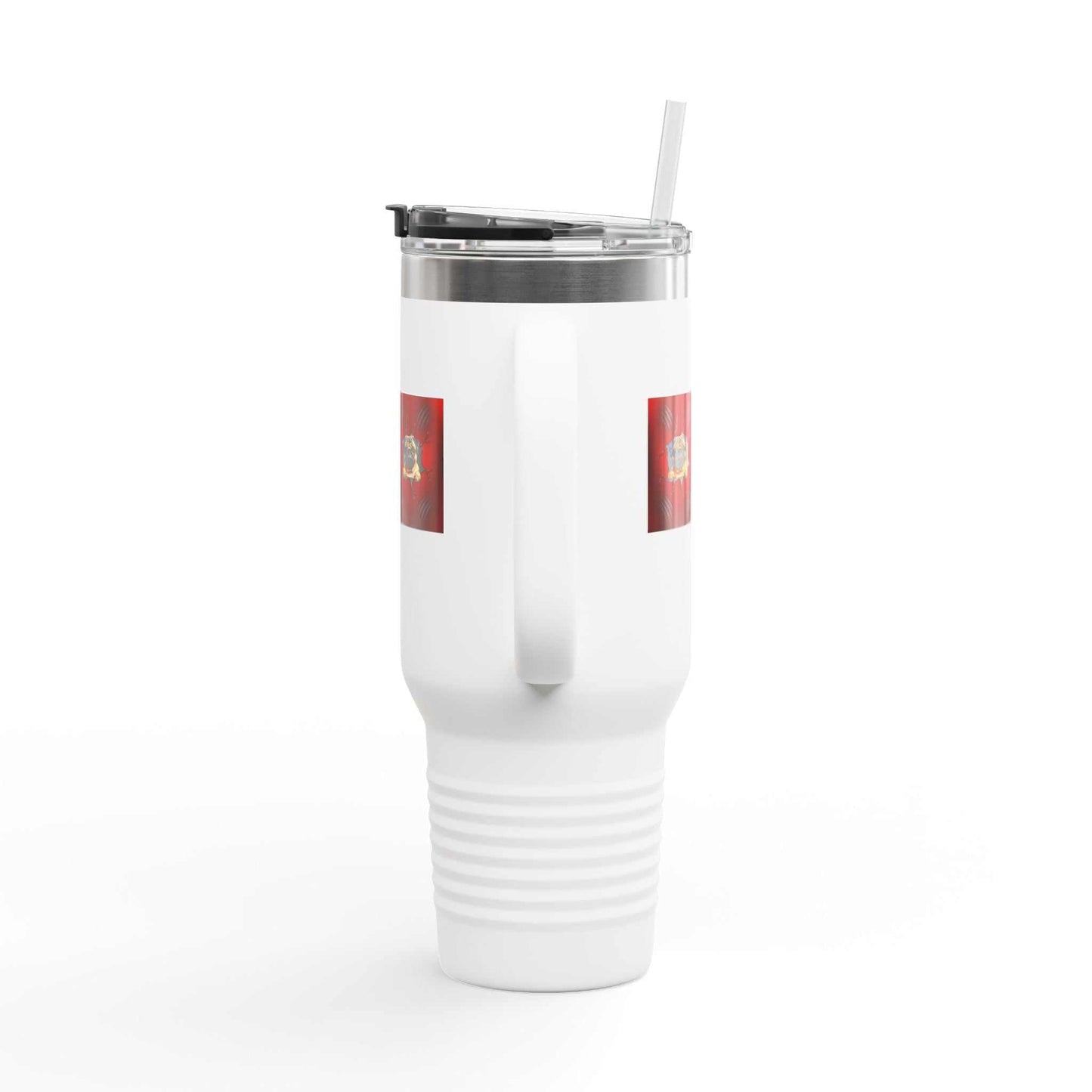 Insulated travel mug 40oz with straw and stainless steel body.
