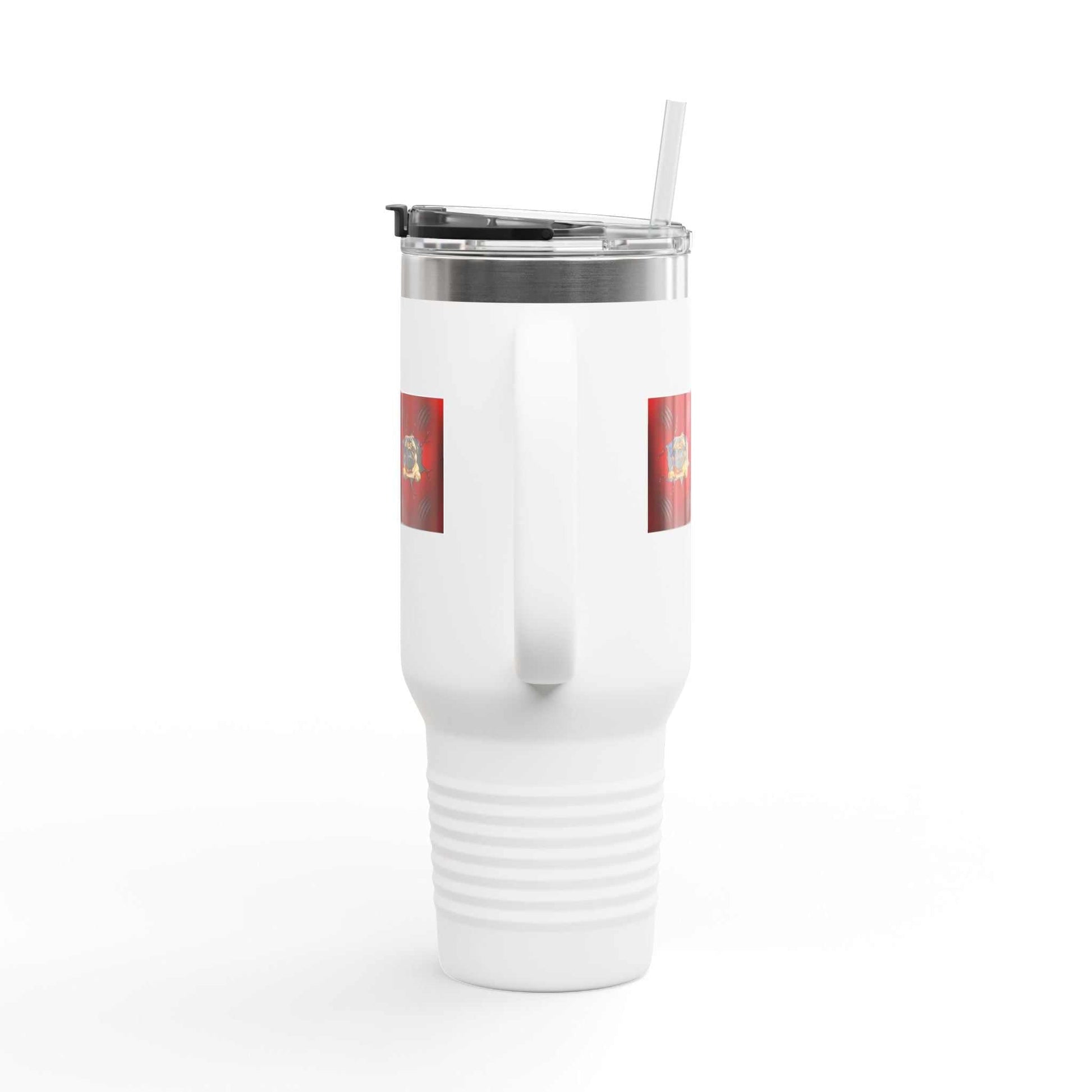 Insulated travel mug 40oz with straw and stainless steel body.
