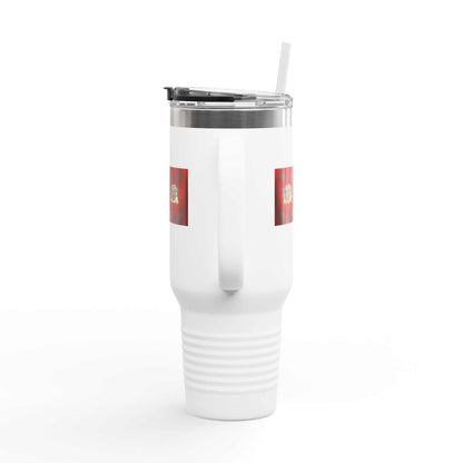 Insulated travel mug 40oz with straw and stainless steel body.