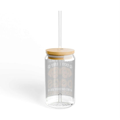 Sipper Glass 16oz with bamboo lid and straw, clear tempered glass.