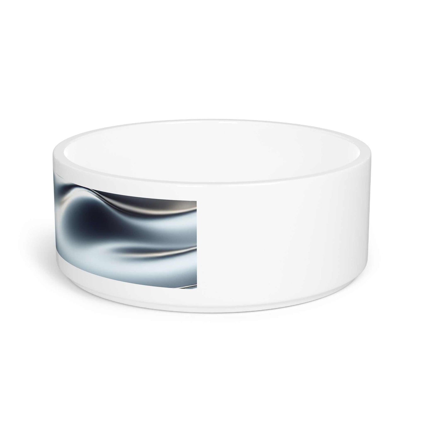 Custom white ceramic pet bowl with wraparound design, 6" diameter, dishwasher and microwave-safe.