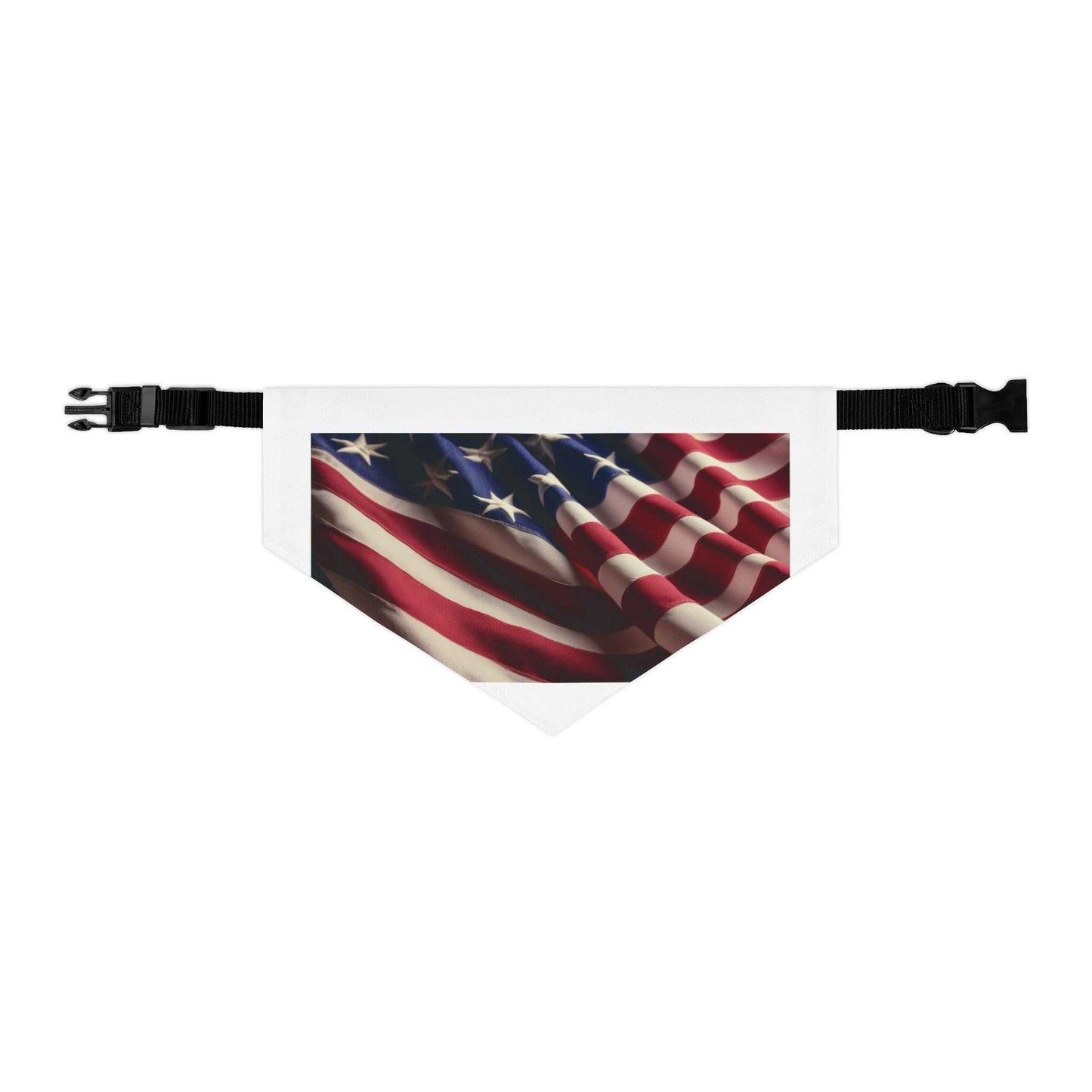 Patriotic pet bandana collar with adjustable black plastic buckle.
