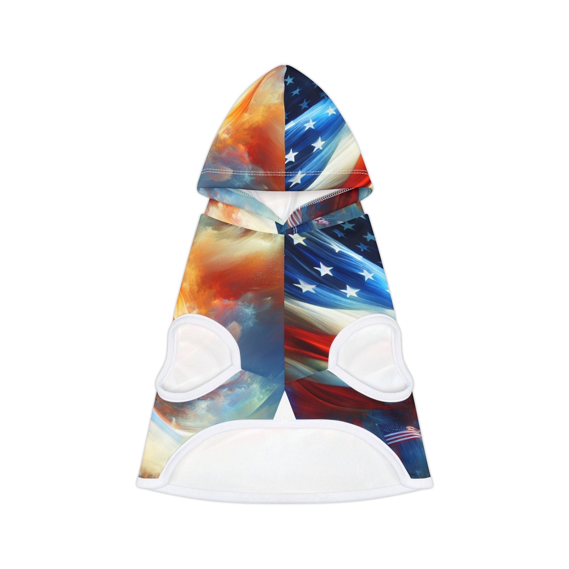 Custom pet hoodie with American flag design, available in various sizes.