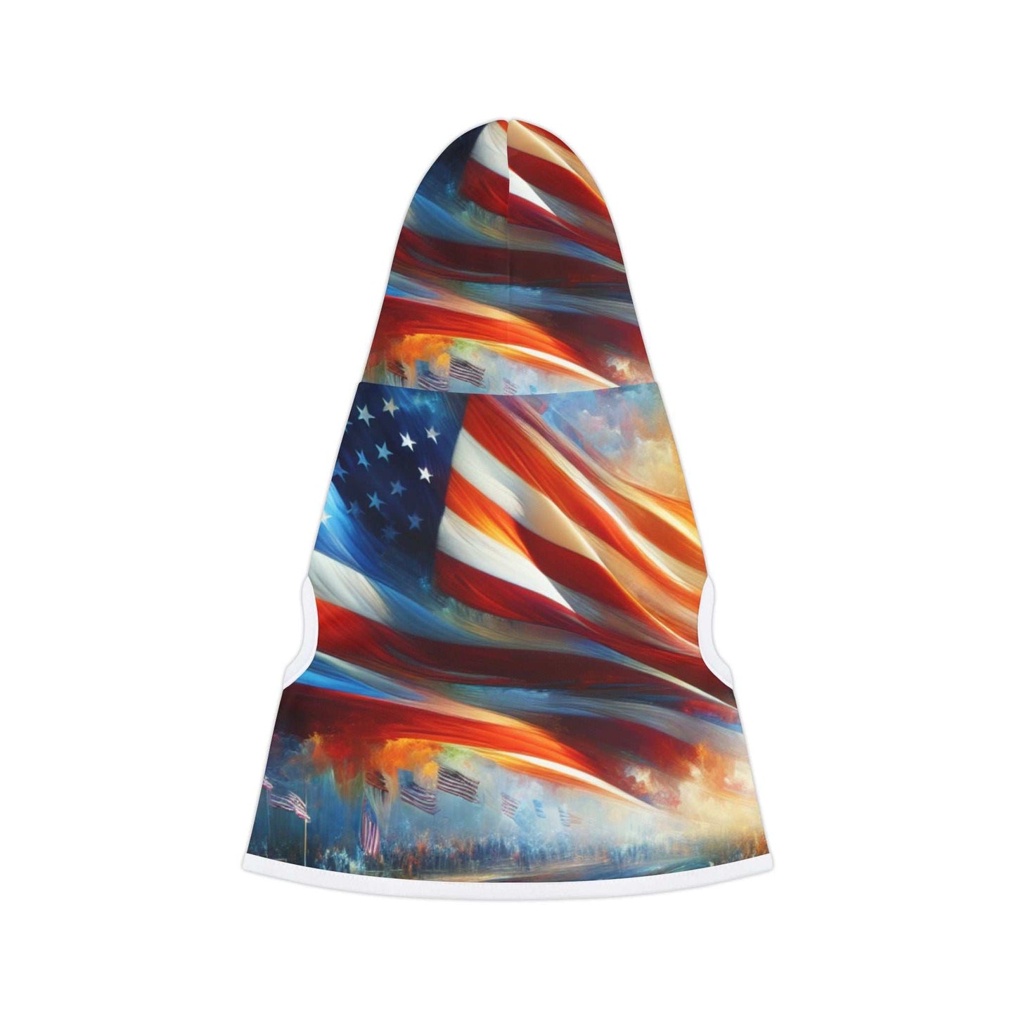Custom pet hoodie with American flag print, available in multiple sizes, polyester fabric.