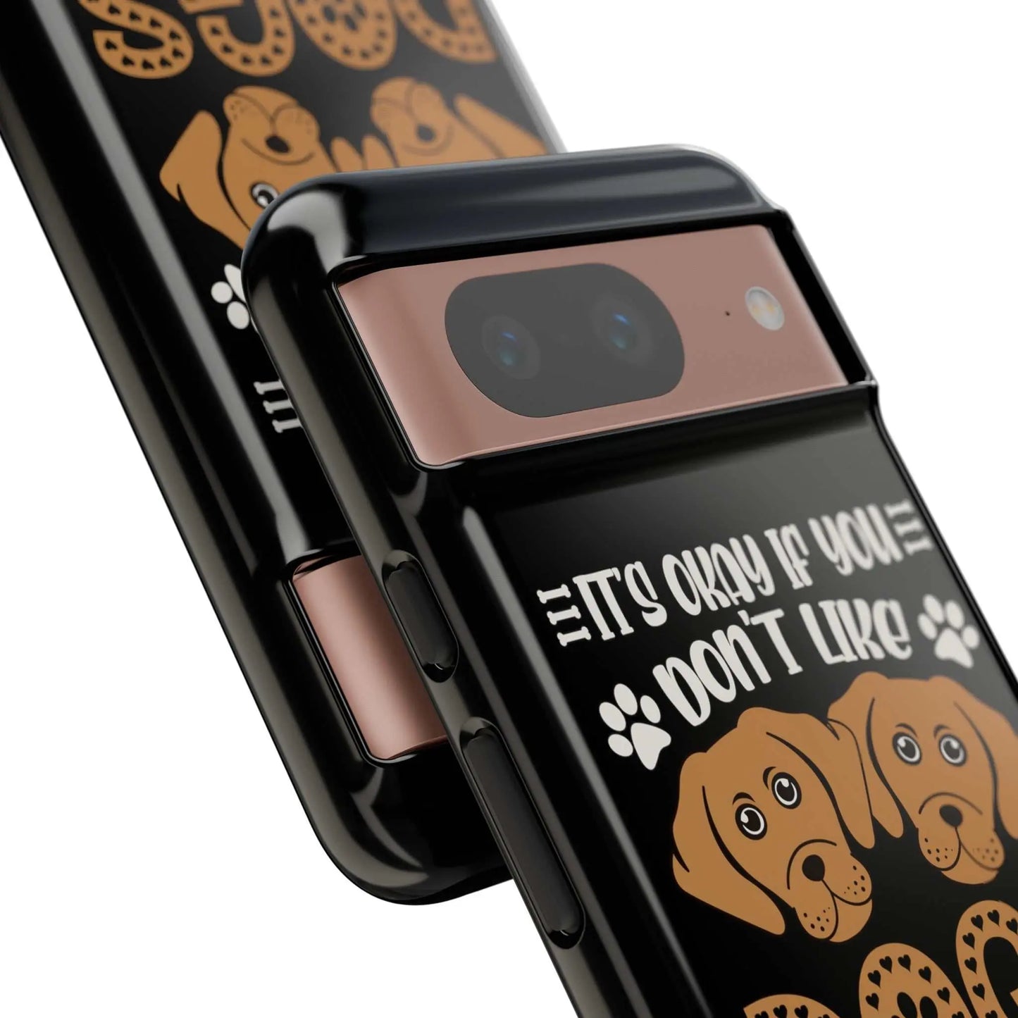 Dogs phone case with humorous message, durable polycarbonate, shock-absorbing, and wireless charging compatible.