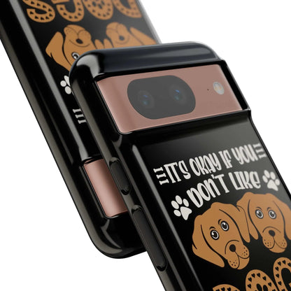 Dogs phone case with humorous message, durable polycarbonate, shock-absorbing, and wireless charging compatible.