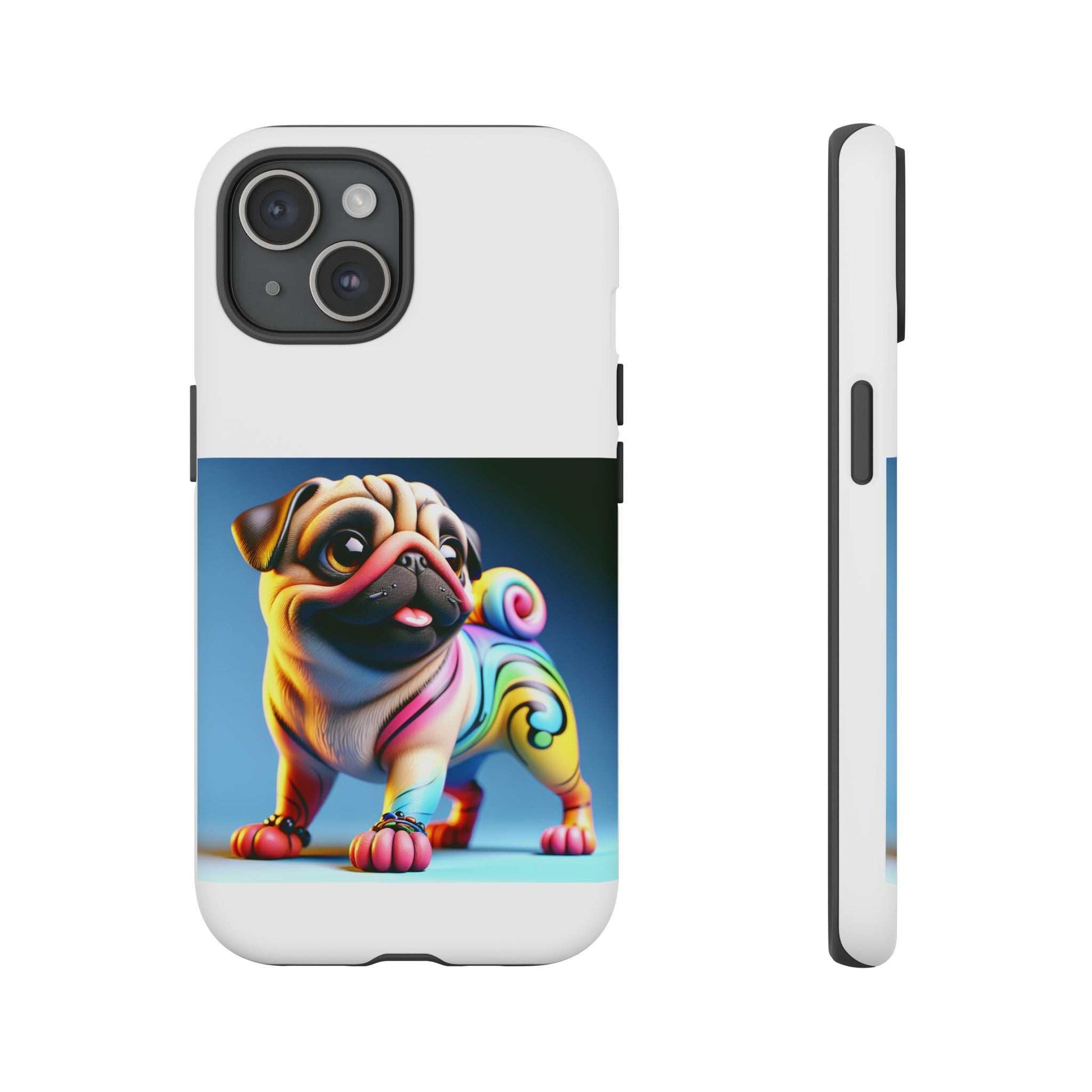 Pug dog phone case with 3D wrap design, impact resistant, cute and quirky accessory.