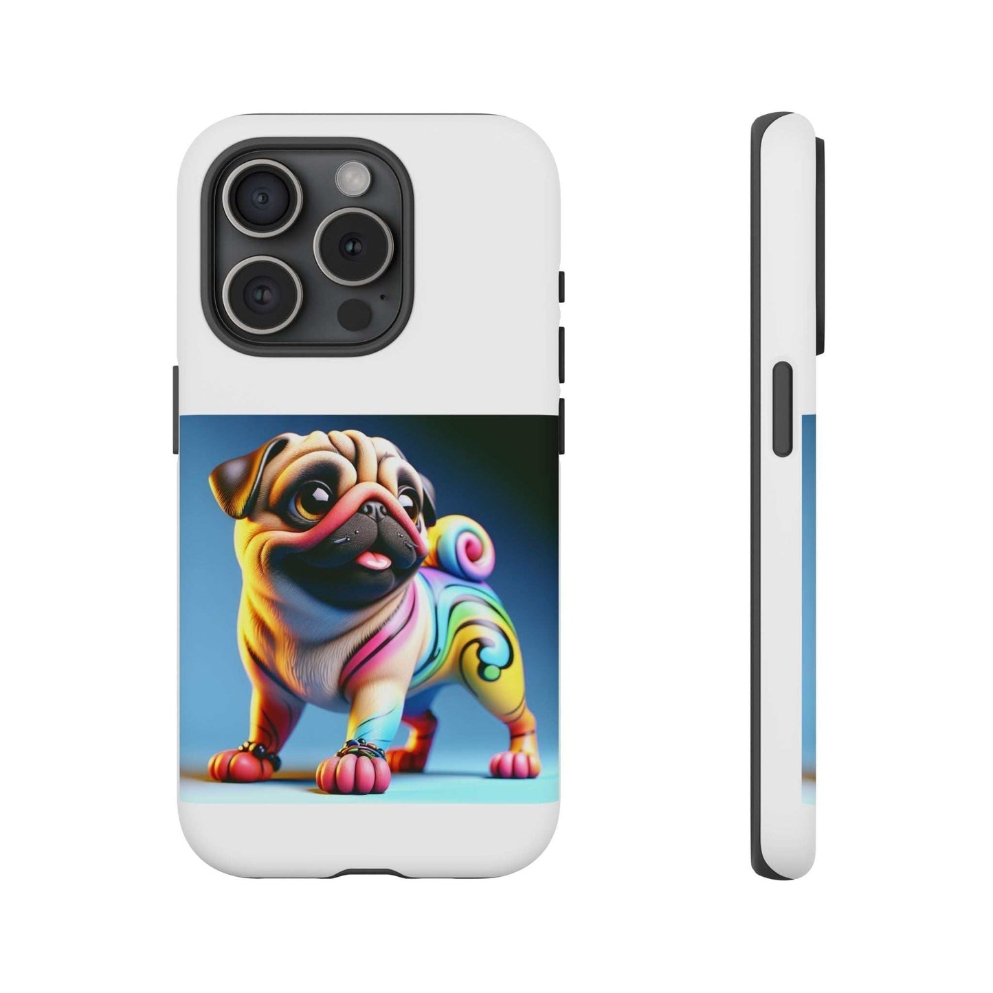 Pug dog phone case with 3D wrap design, featuring vibrant colors and durable, impact-resistant materials.