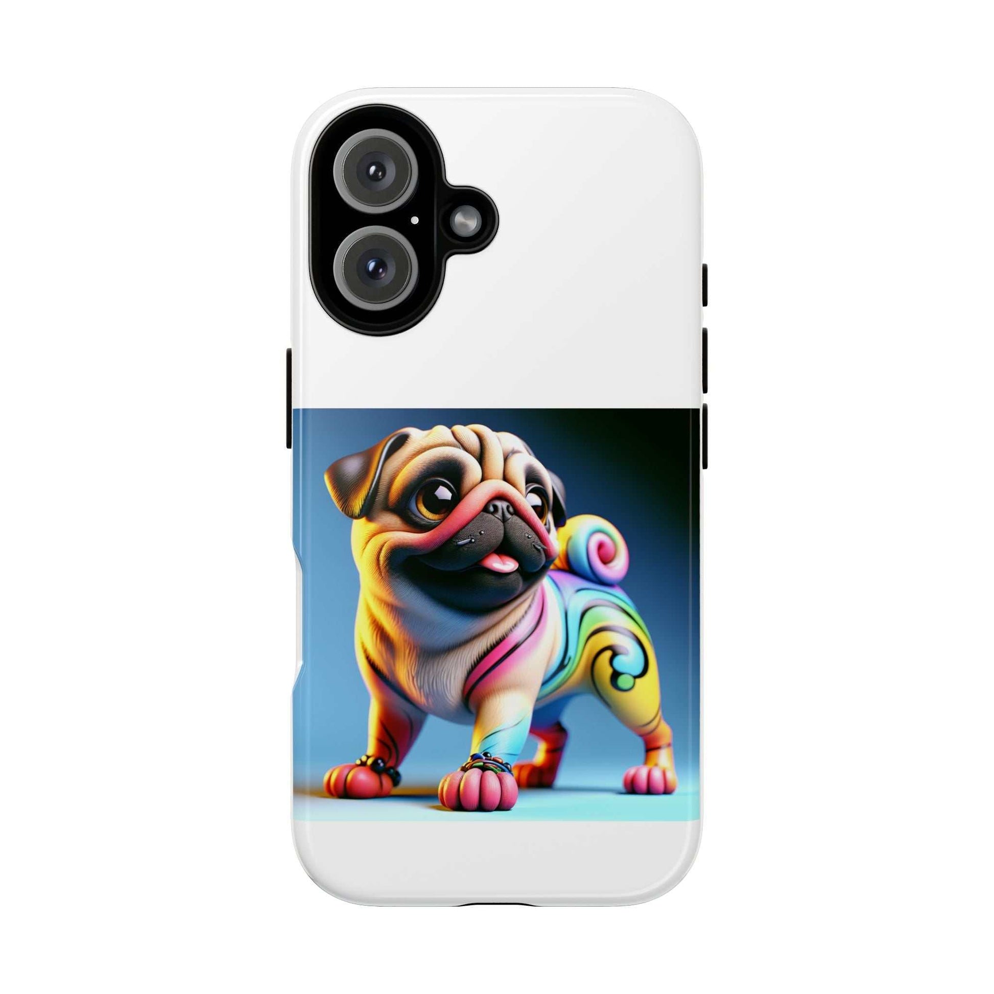 Pug dog phone case with 3D wrap design and UV protection.