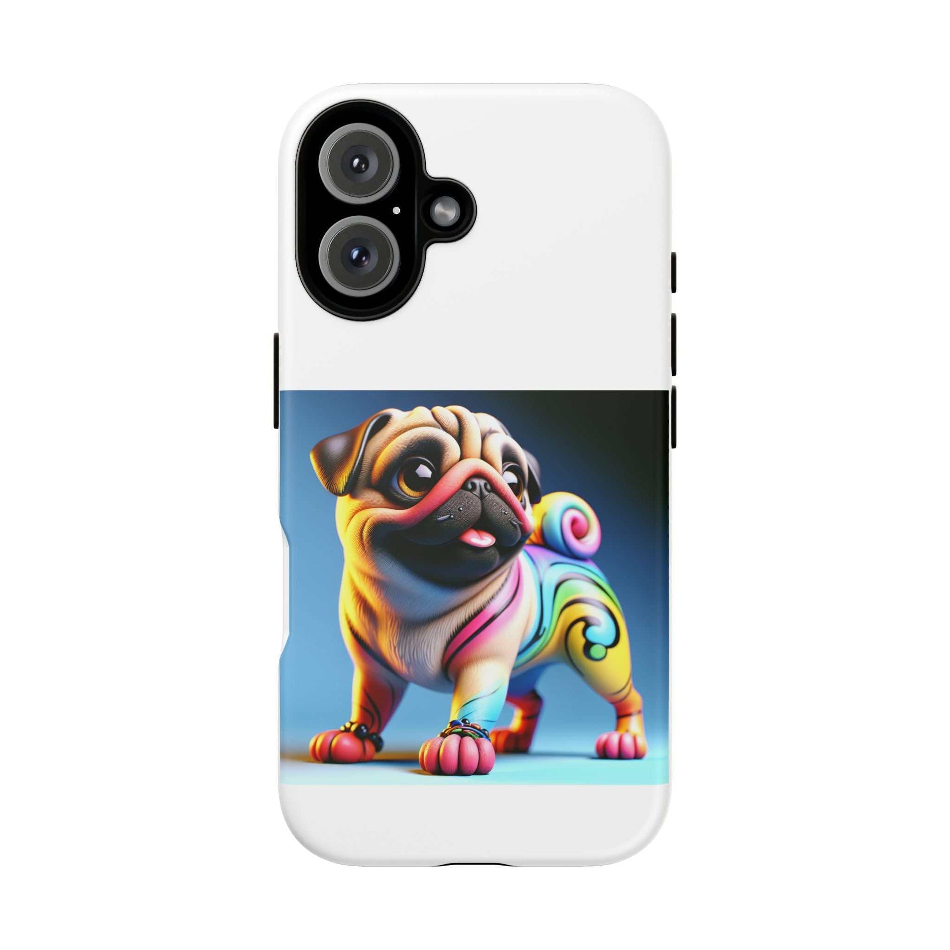Pug dog phone case 3D design with vibrant colors, dual layer protection.